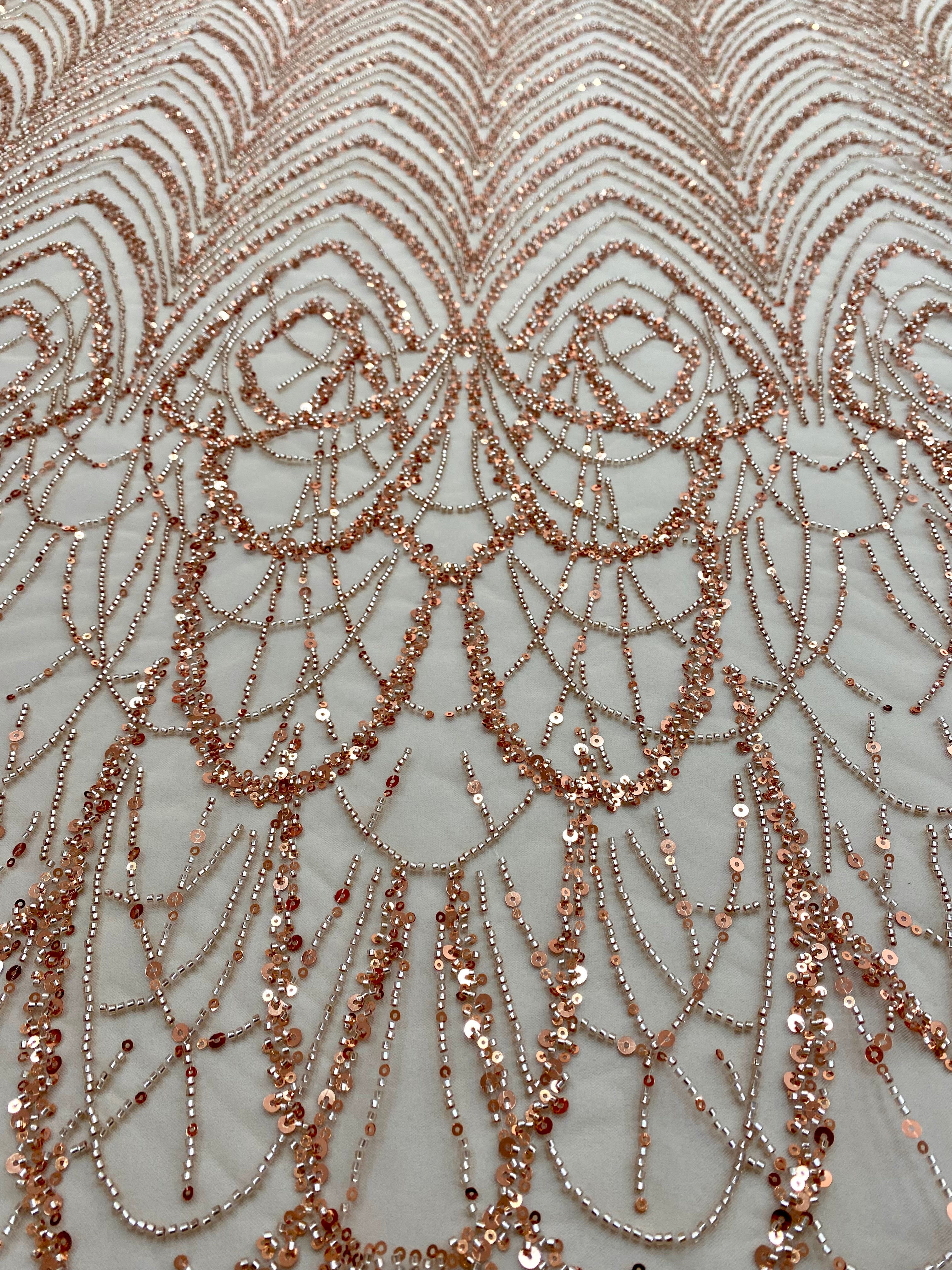 Dantela Couture Auriu Rose cu Model Geometric cu Margele si Paiete