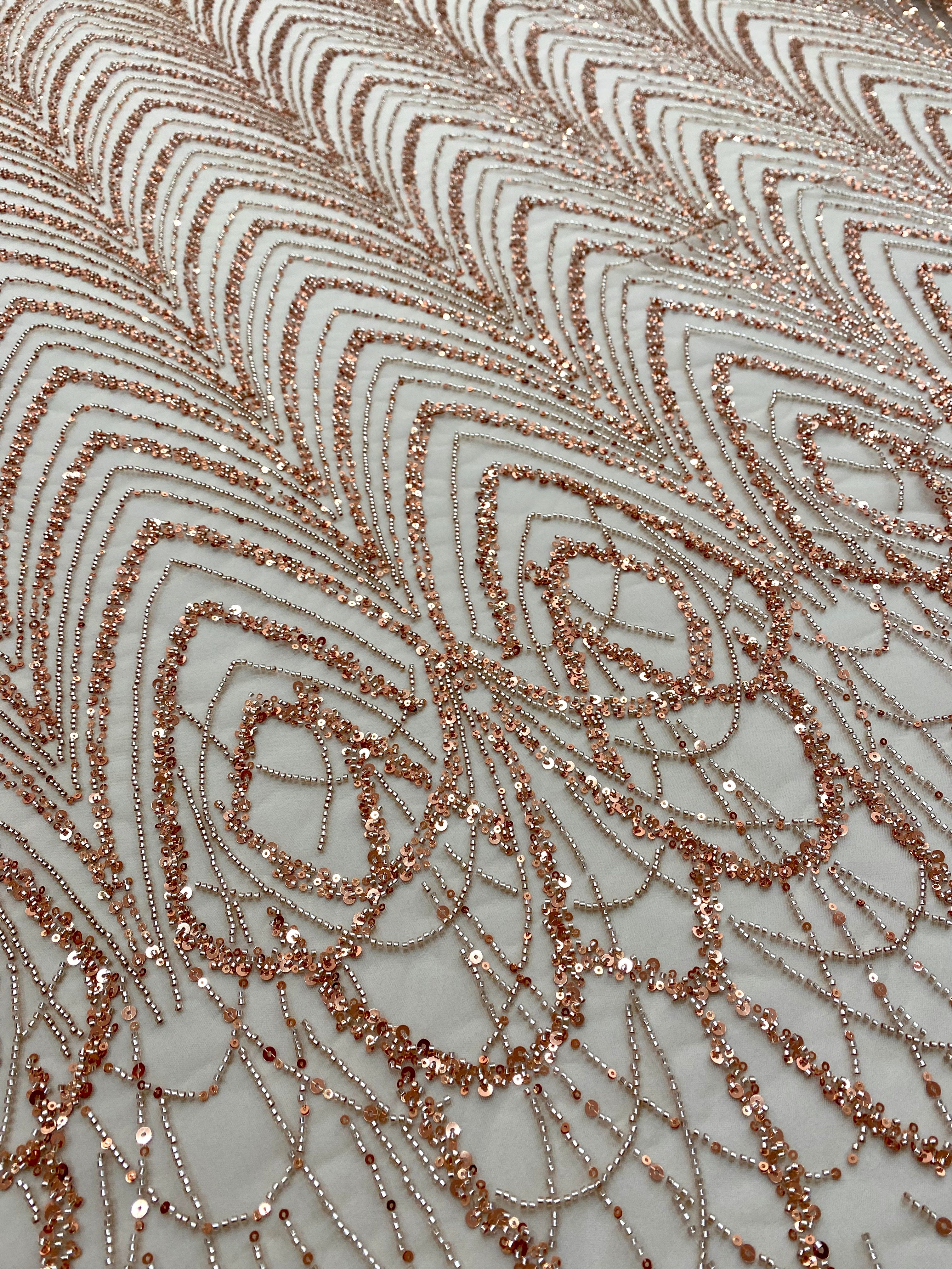 Dantela Couture Auriu Rose cu Model Geometric cu Margele si Paiete