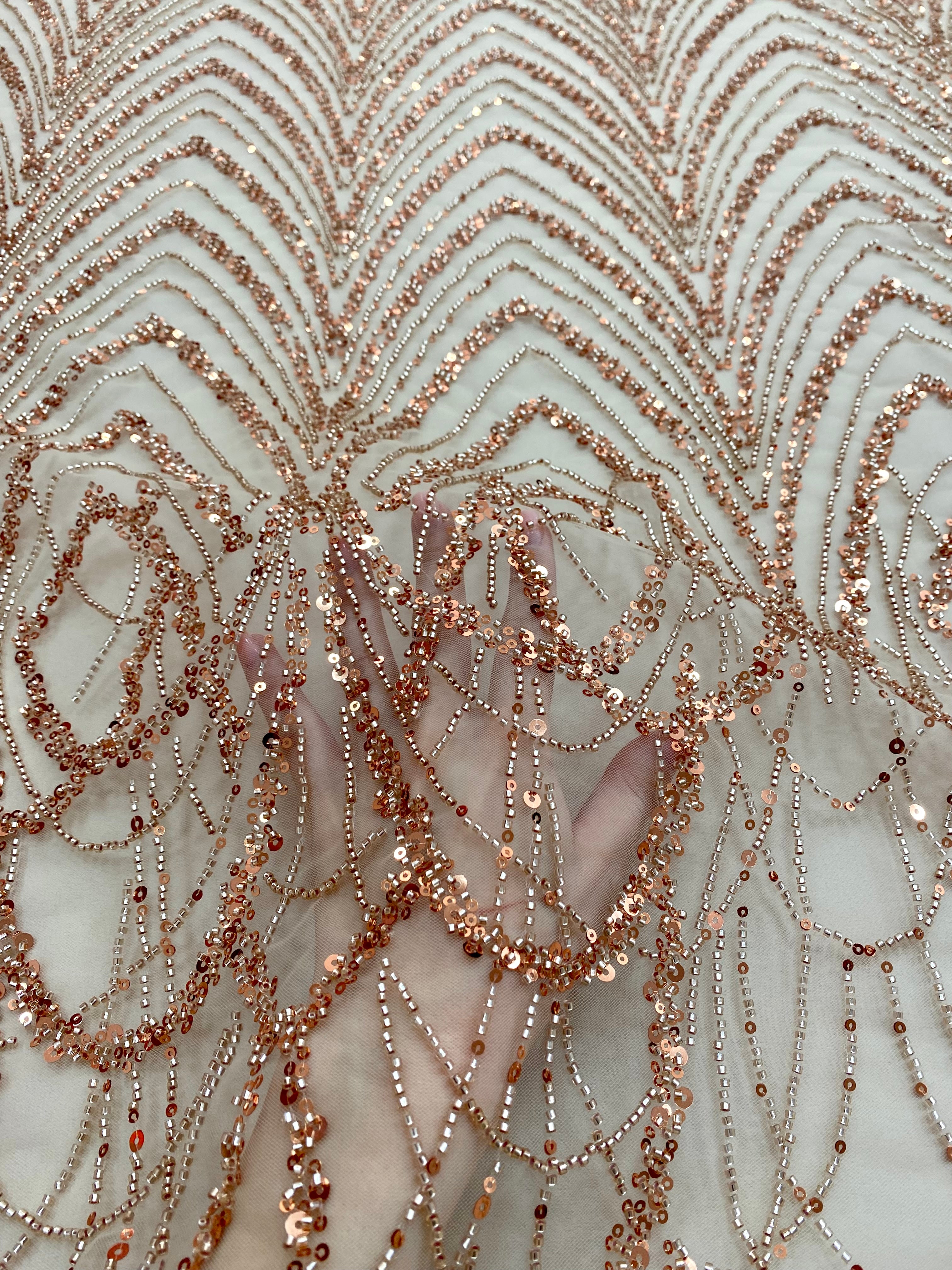 Dantela Couture Auriu Rose cu Model Geometric cu Margele si Paiete