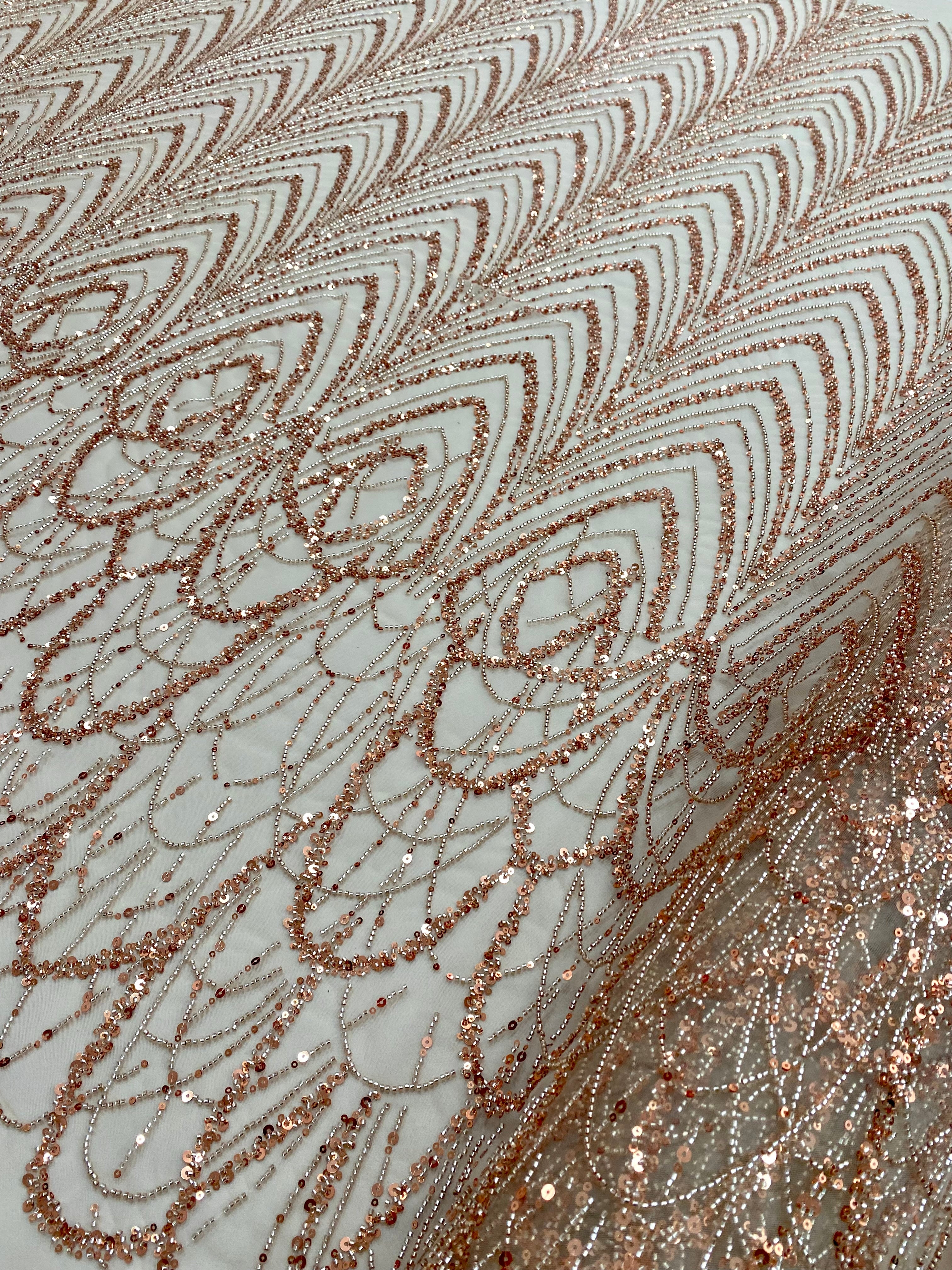 Dantela Couture Auriu Rose cu Model Geometric cu Margele si Paiete