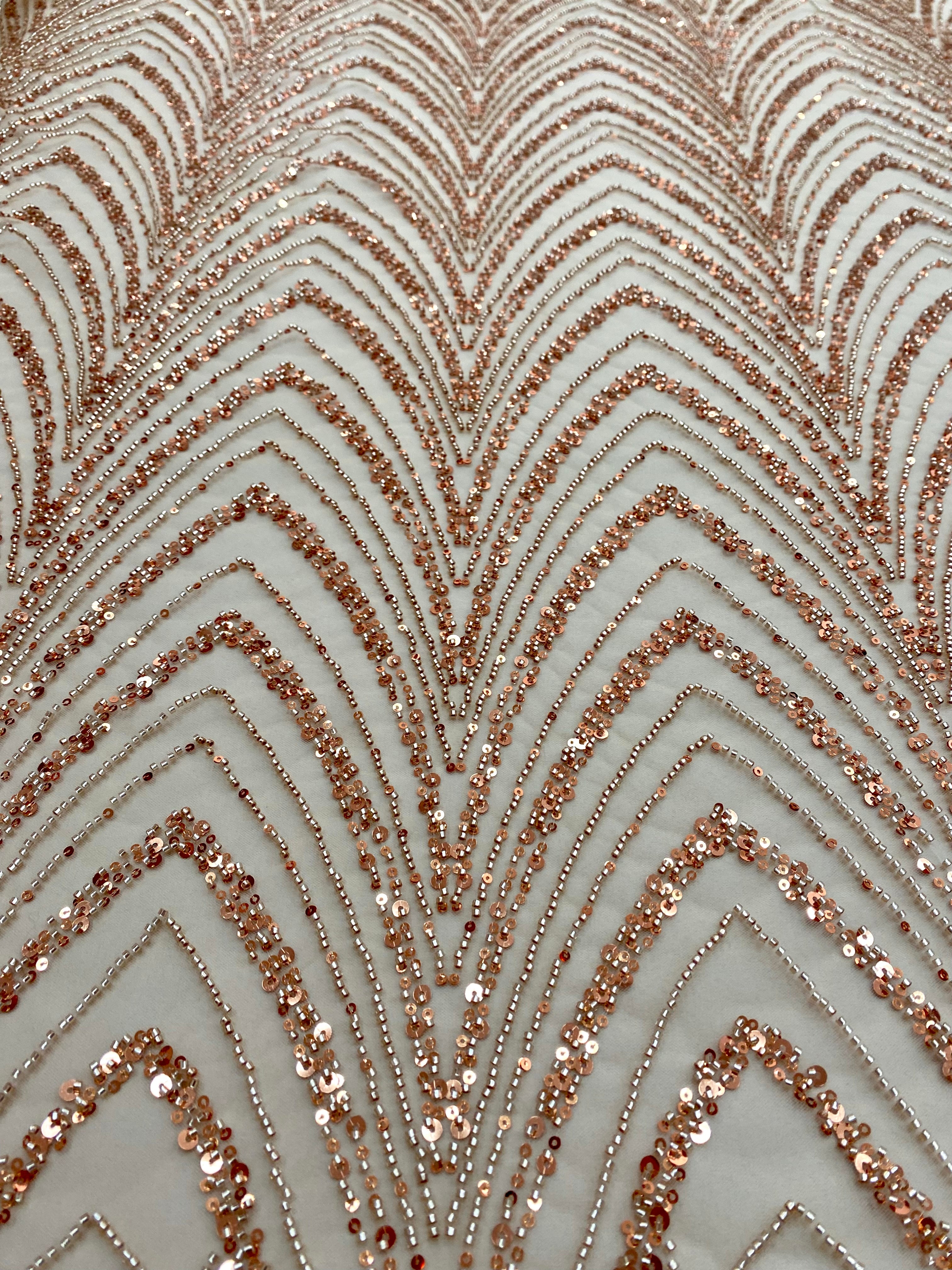 Dantela Couture Auriu Rose cu Model Geometric cu Margele si Paiete