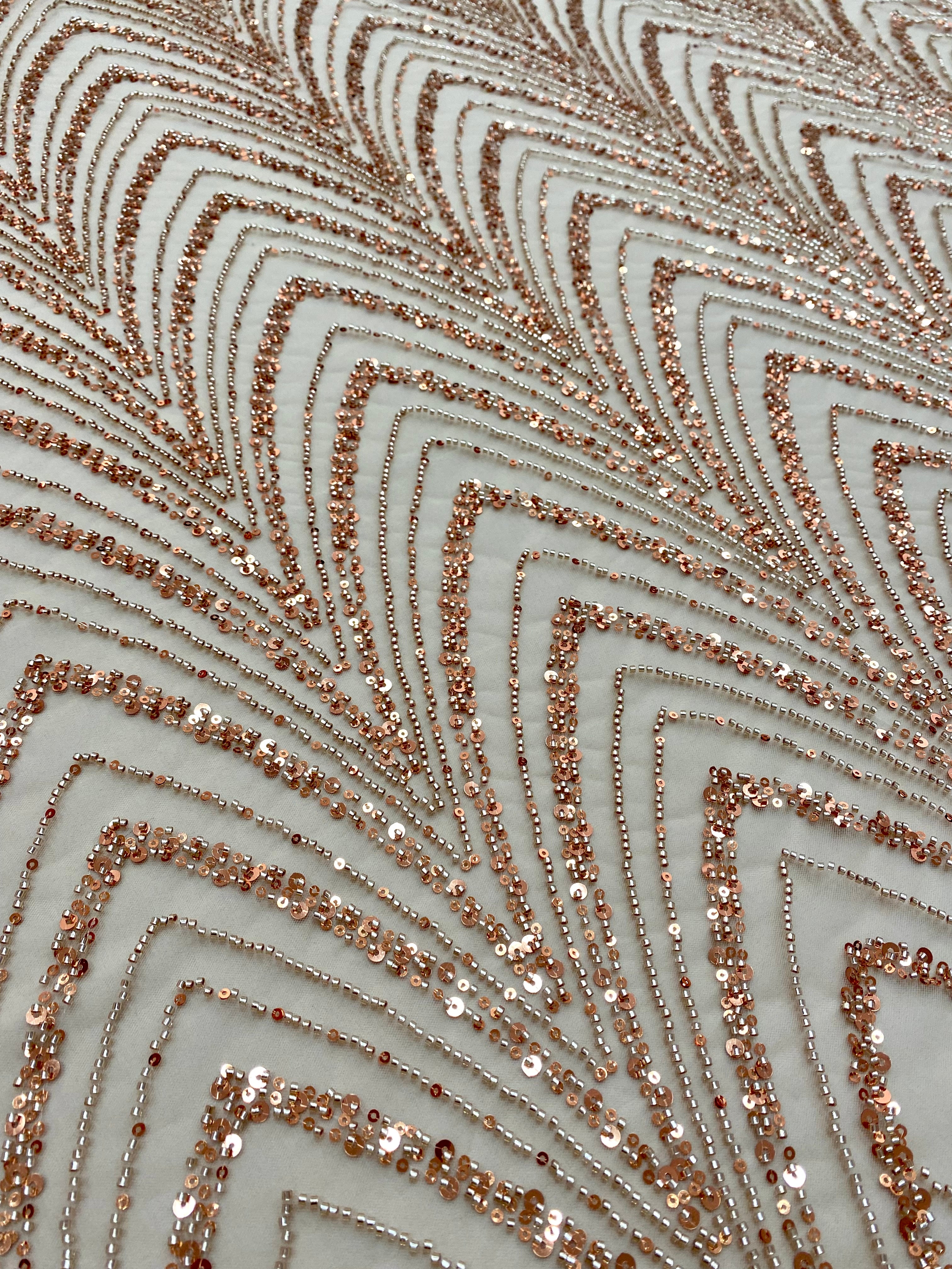Dantela Couture Auriu Rose cu Model Geometric cu Margele si Paiete