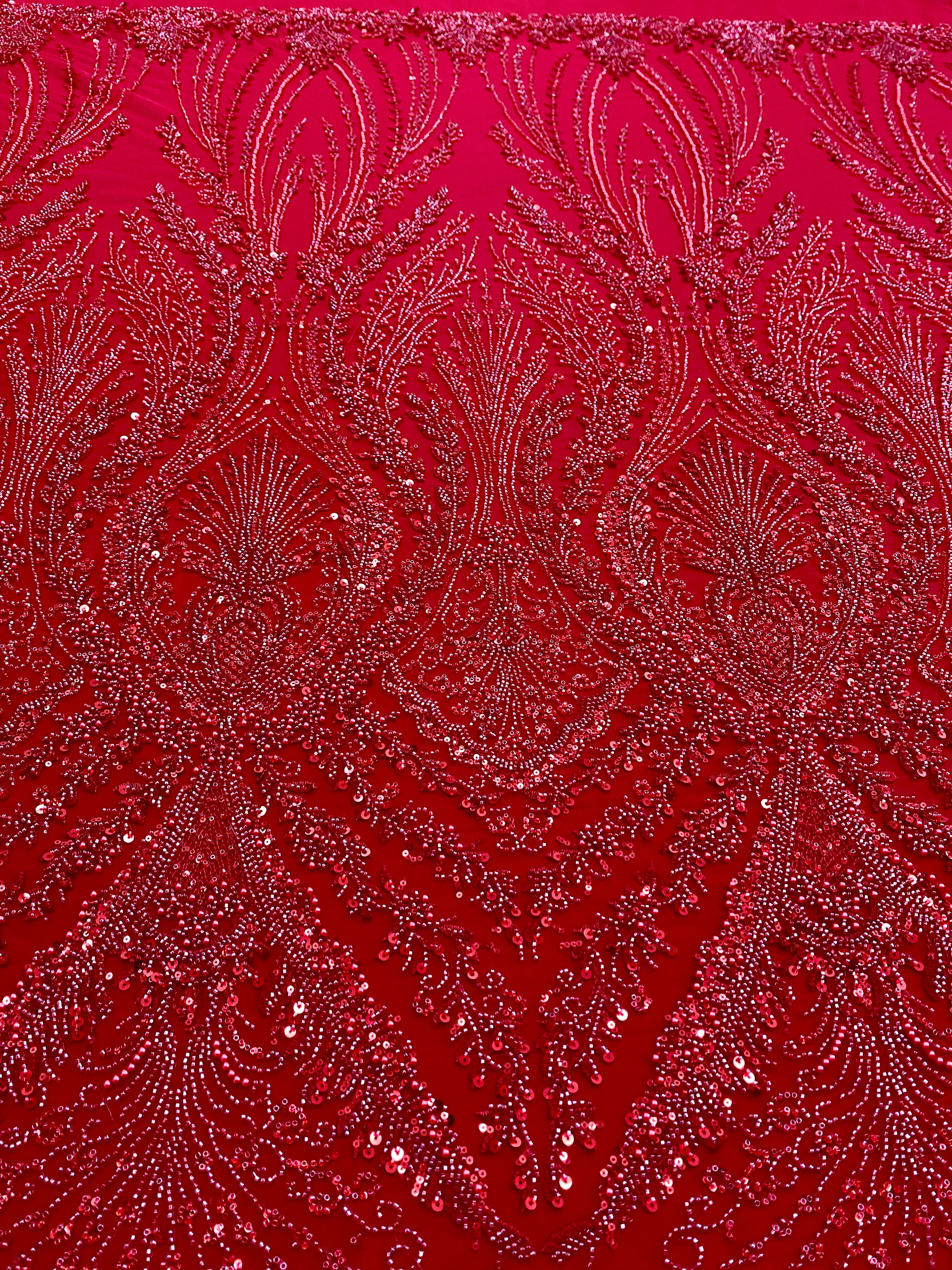 Dantela Couture Rosie cu Model Geometric, cu Perle, Margele si Paiete