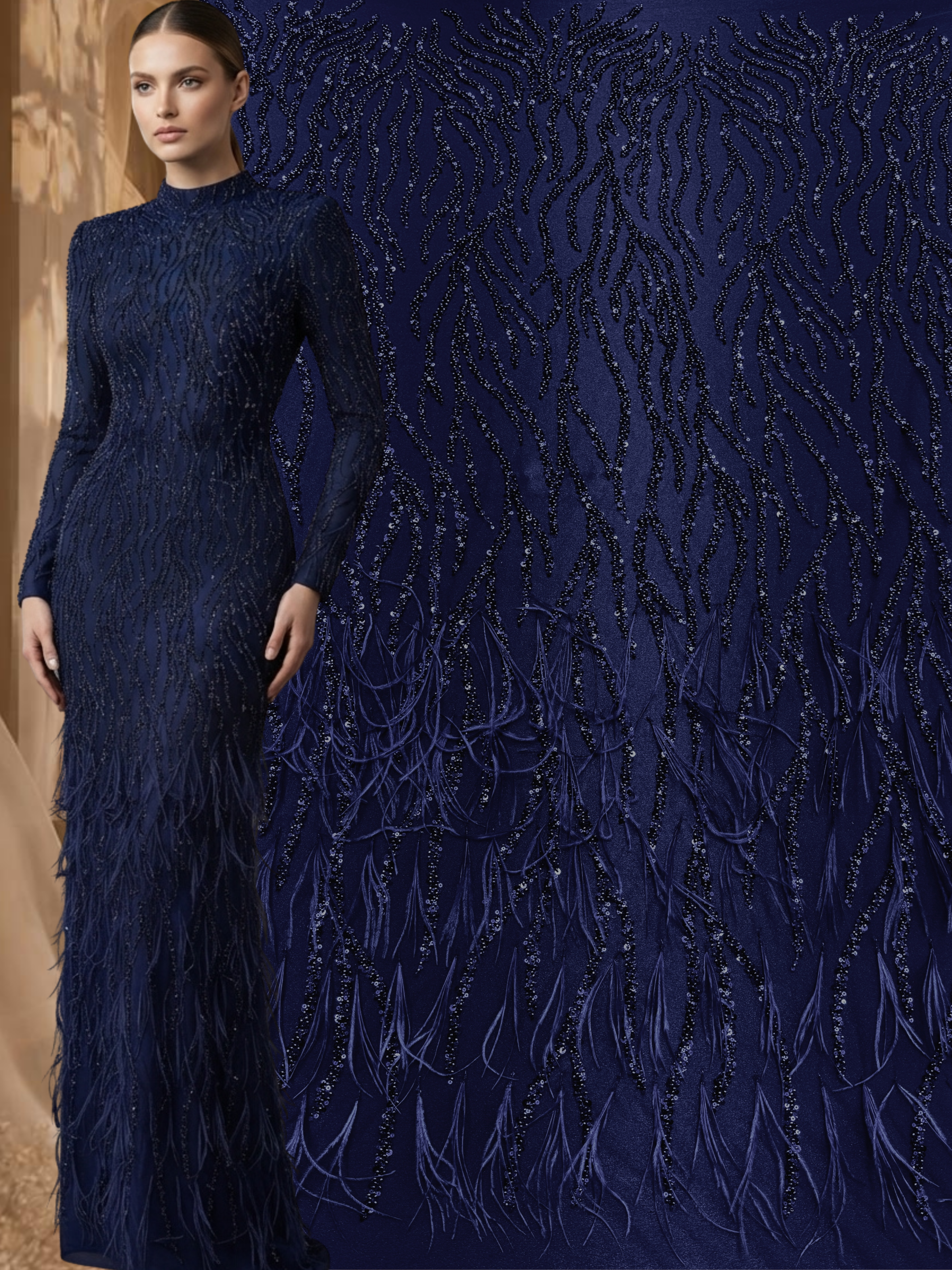 Navy Blue Couture Lace with Ostrich Feathers, Strings, Beads and Sequins