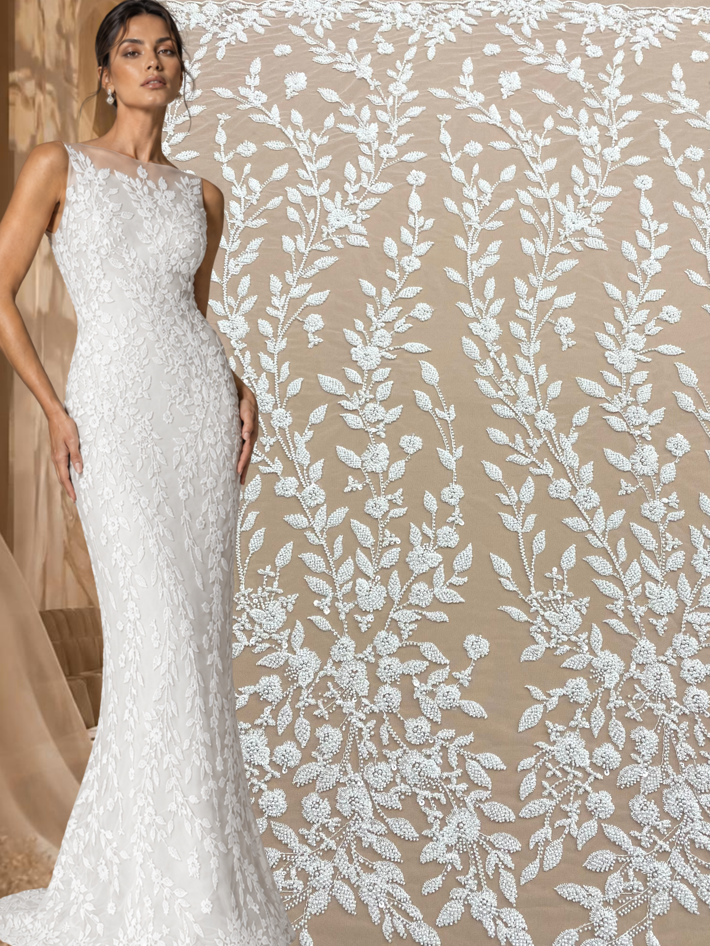 Ivory Couture Lace with Floral Pattern, Pearls, Beads and Sequins