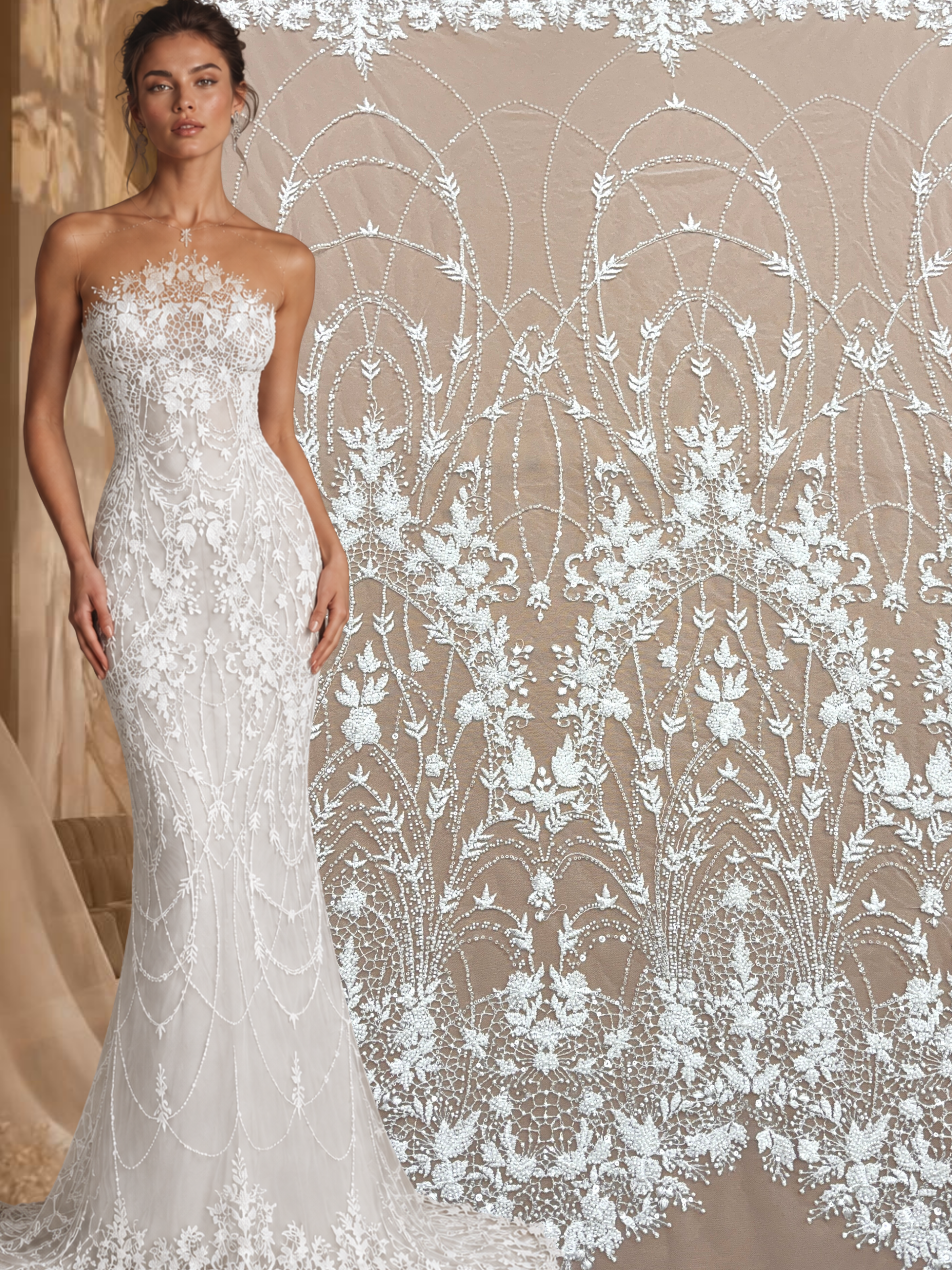 Dantela Ivory cu Model Geometric, cu Perle, Margele si Paiete