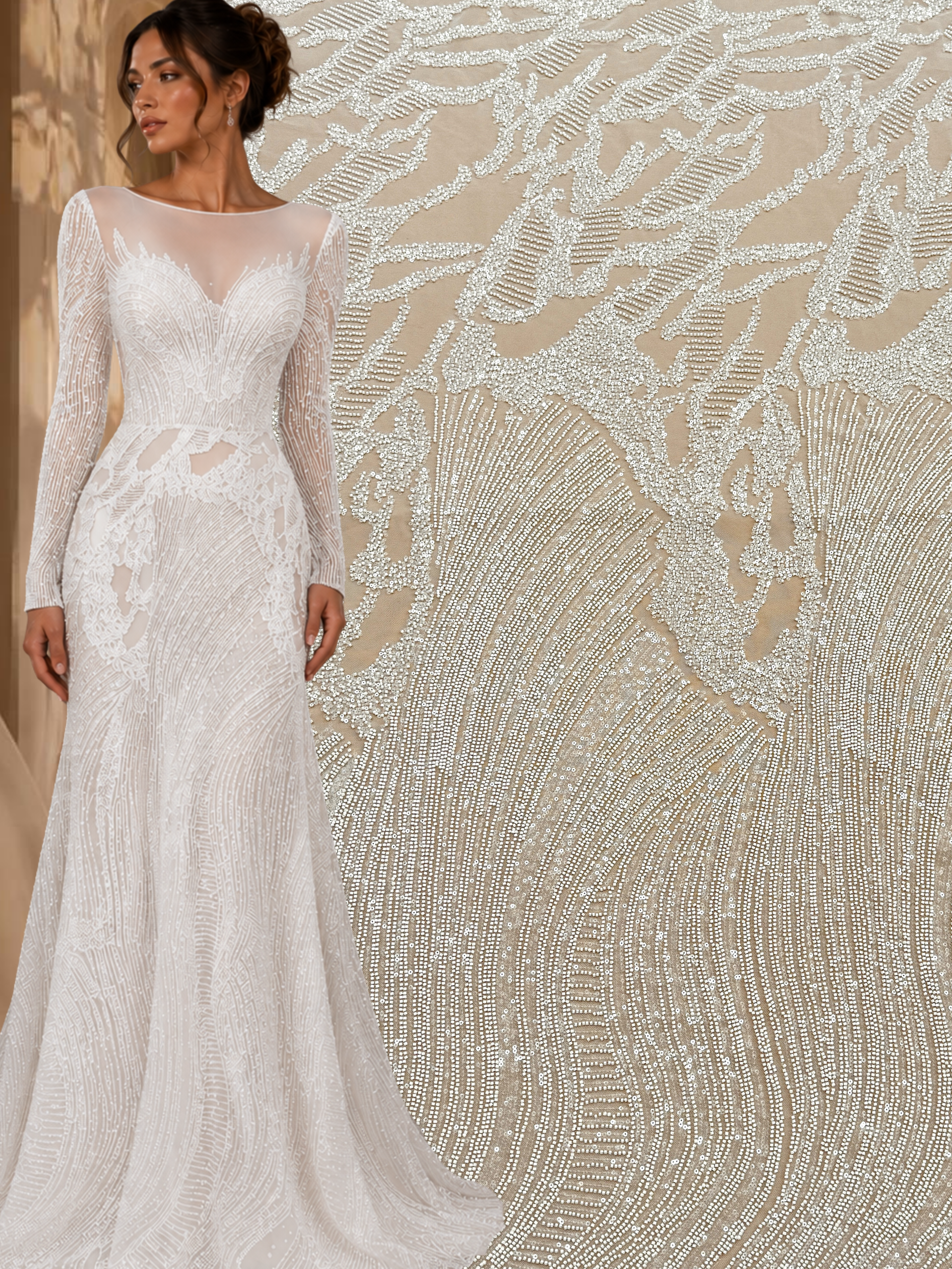 Ivory Couture Lace with Geometric Pattern, Beads and Sequins