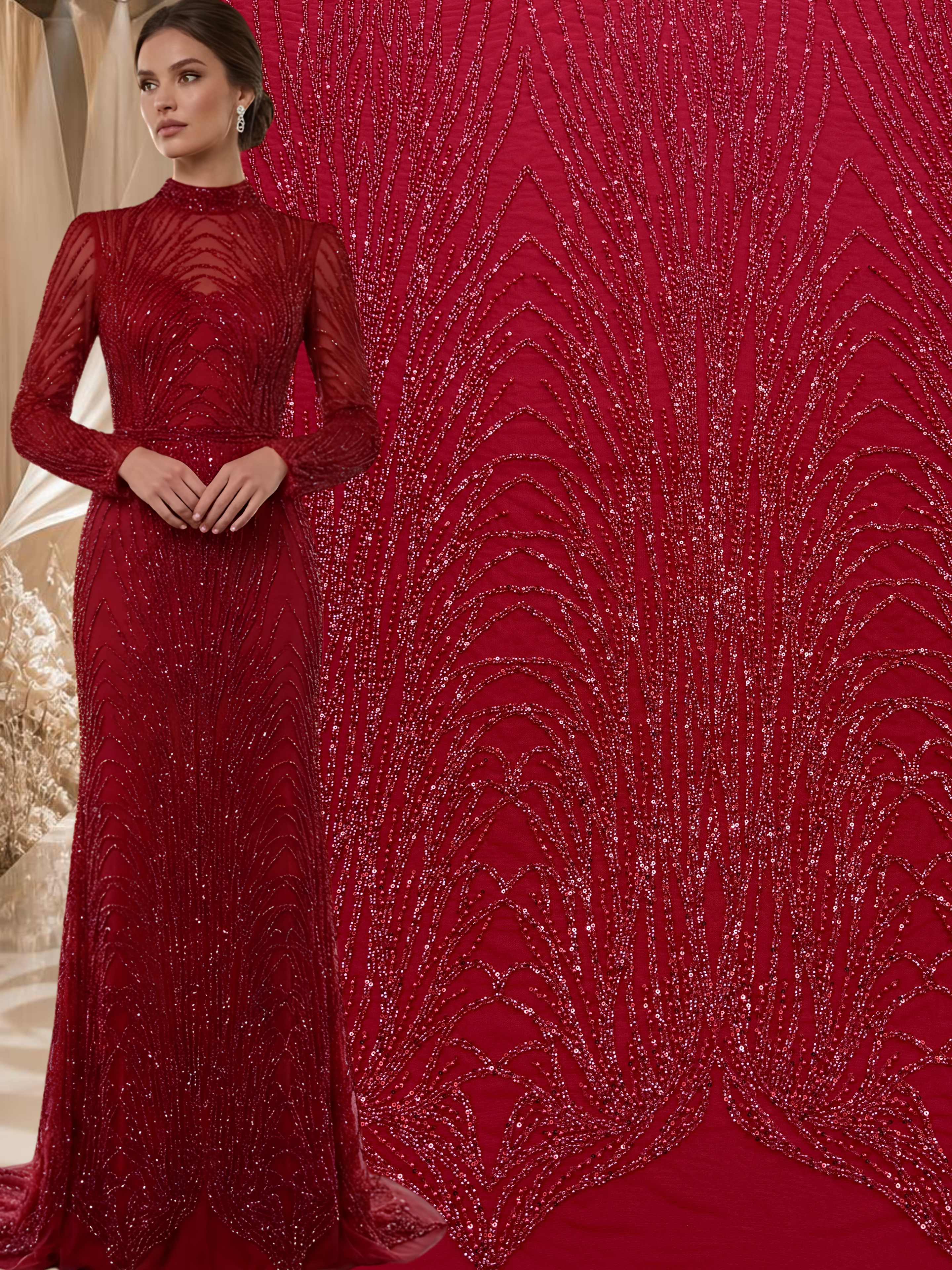 Dantela Couture Rosie cu Model Liniar, cu Margele si Paiete