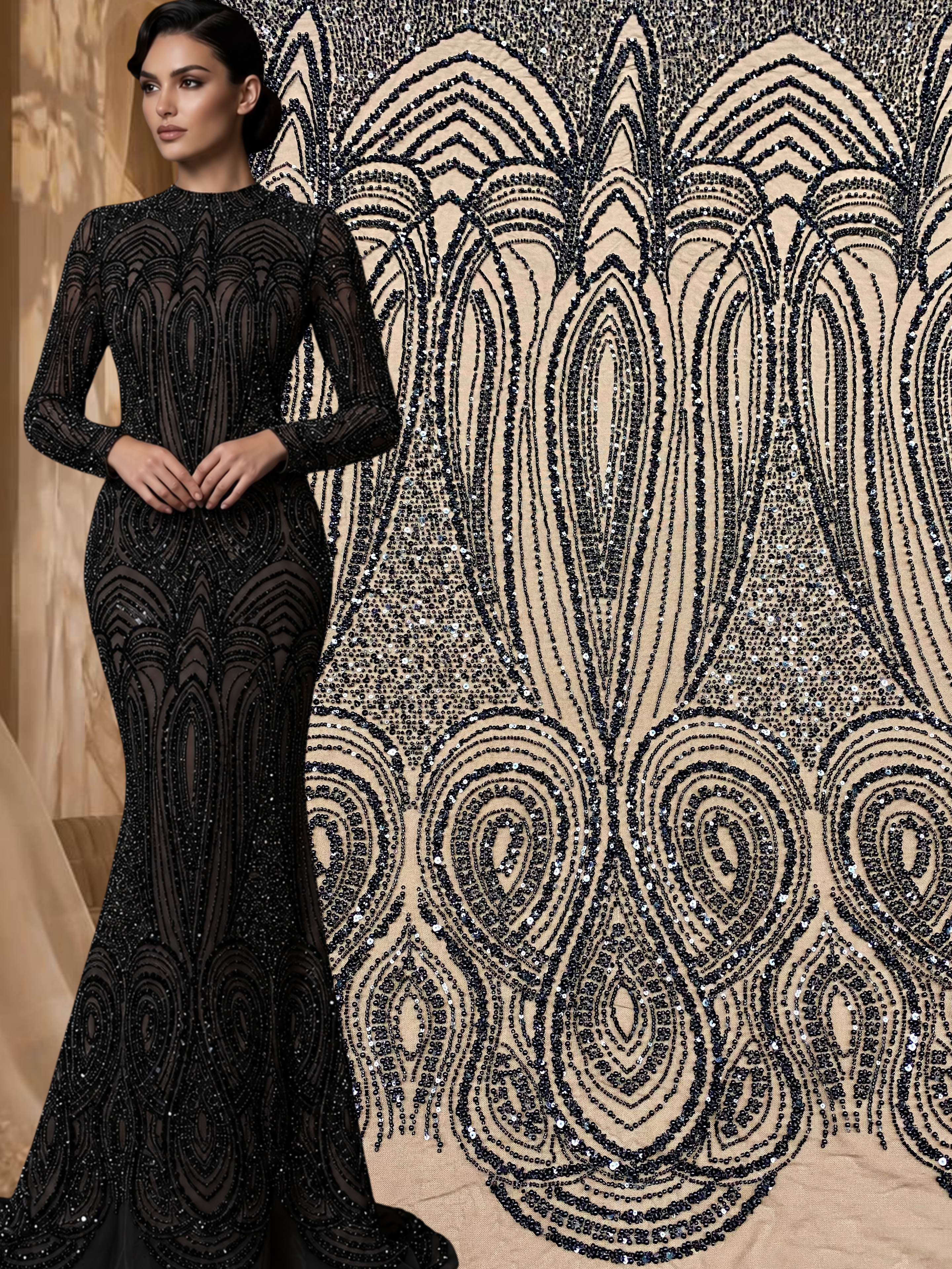 Dantela Couture Neagra cu Model Geometric, cu Perle, Margele si Paiete
