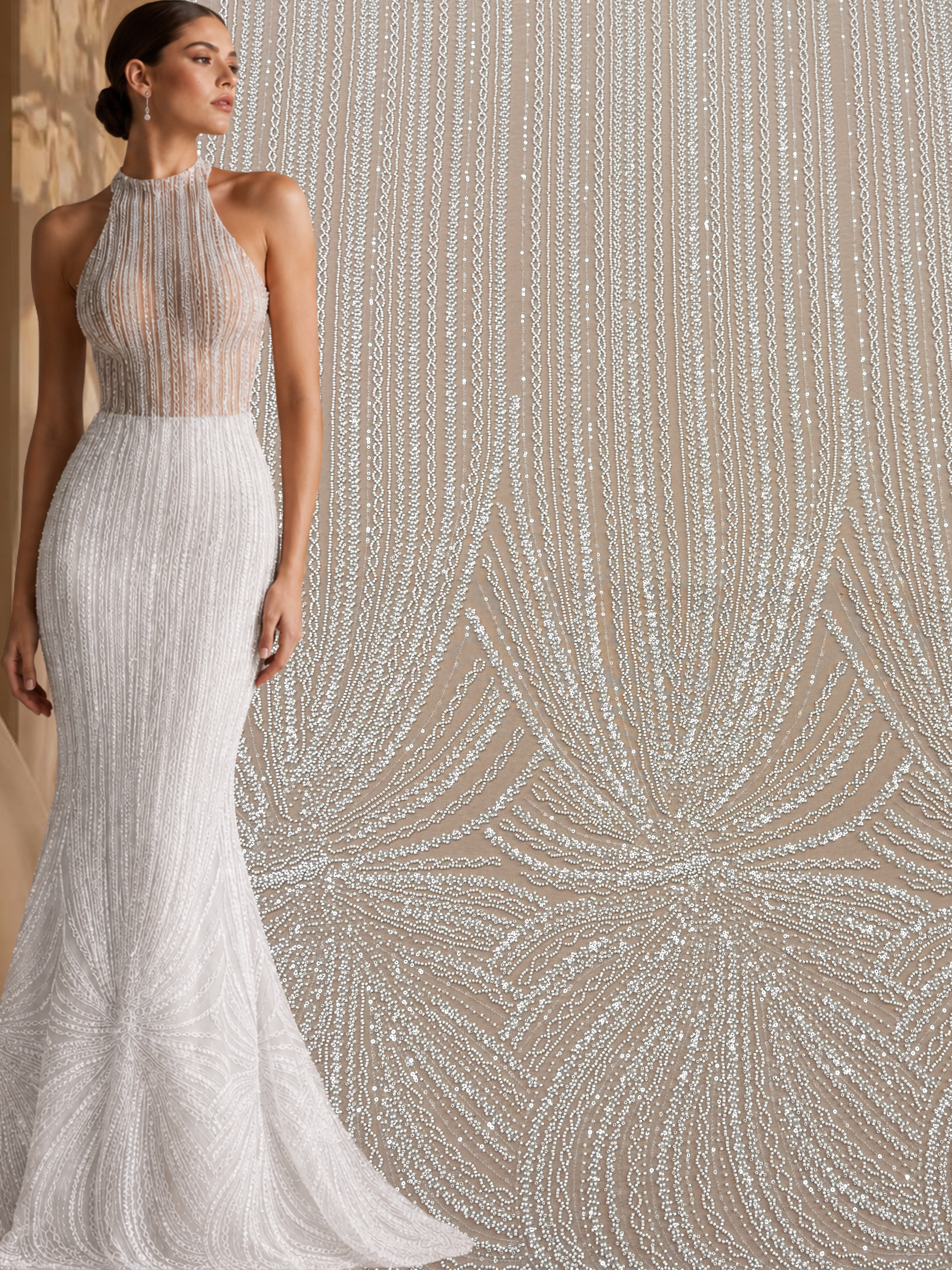 Dantela Couture Ivory cu Model Liniar, cu Margele si Paiete