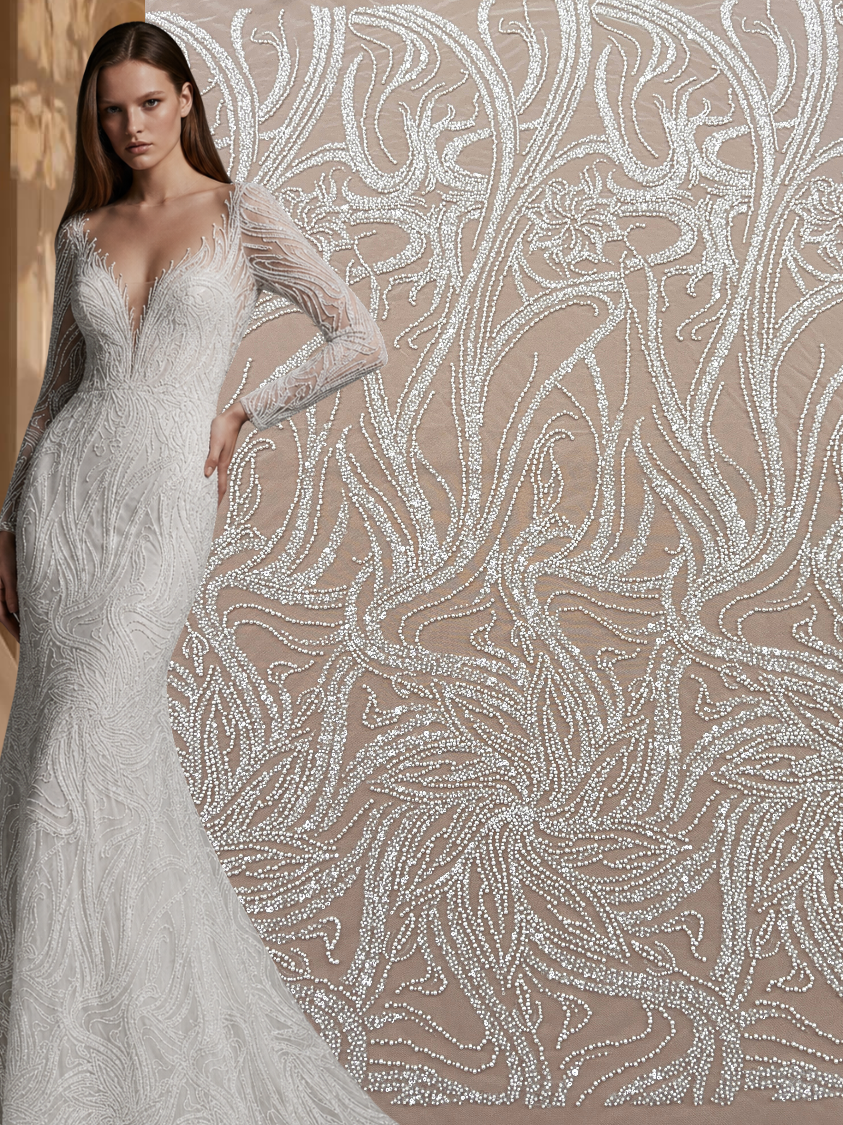 Dantela Couture Ivory cu Model Floral, Perle, Margele si Paiete