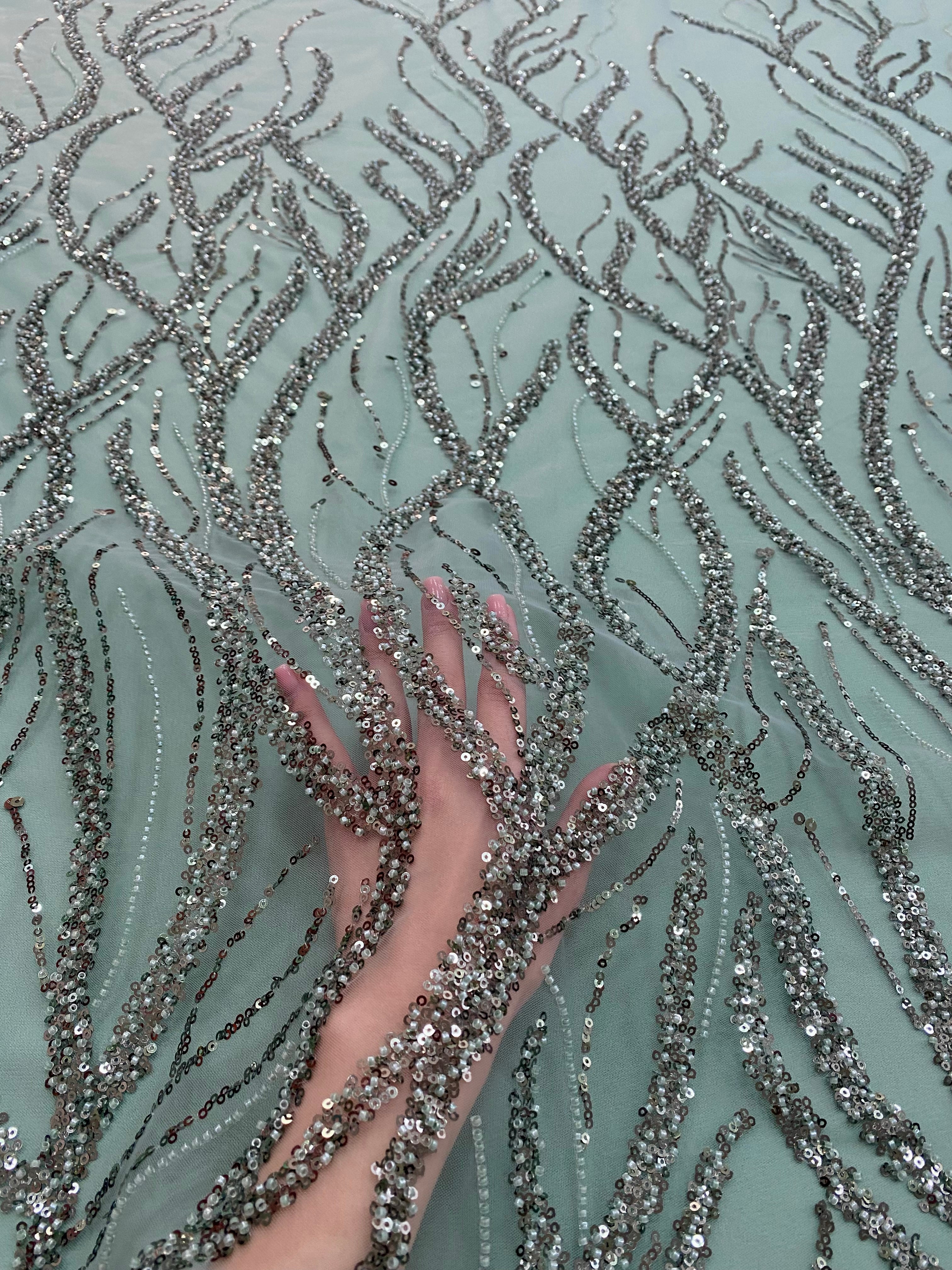 Emerald Green Lace with Strings, Beads and Sequins