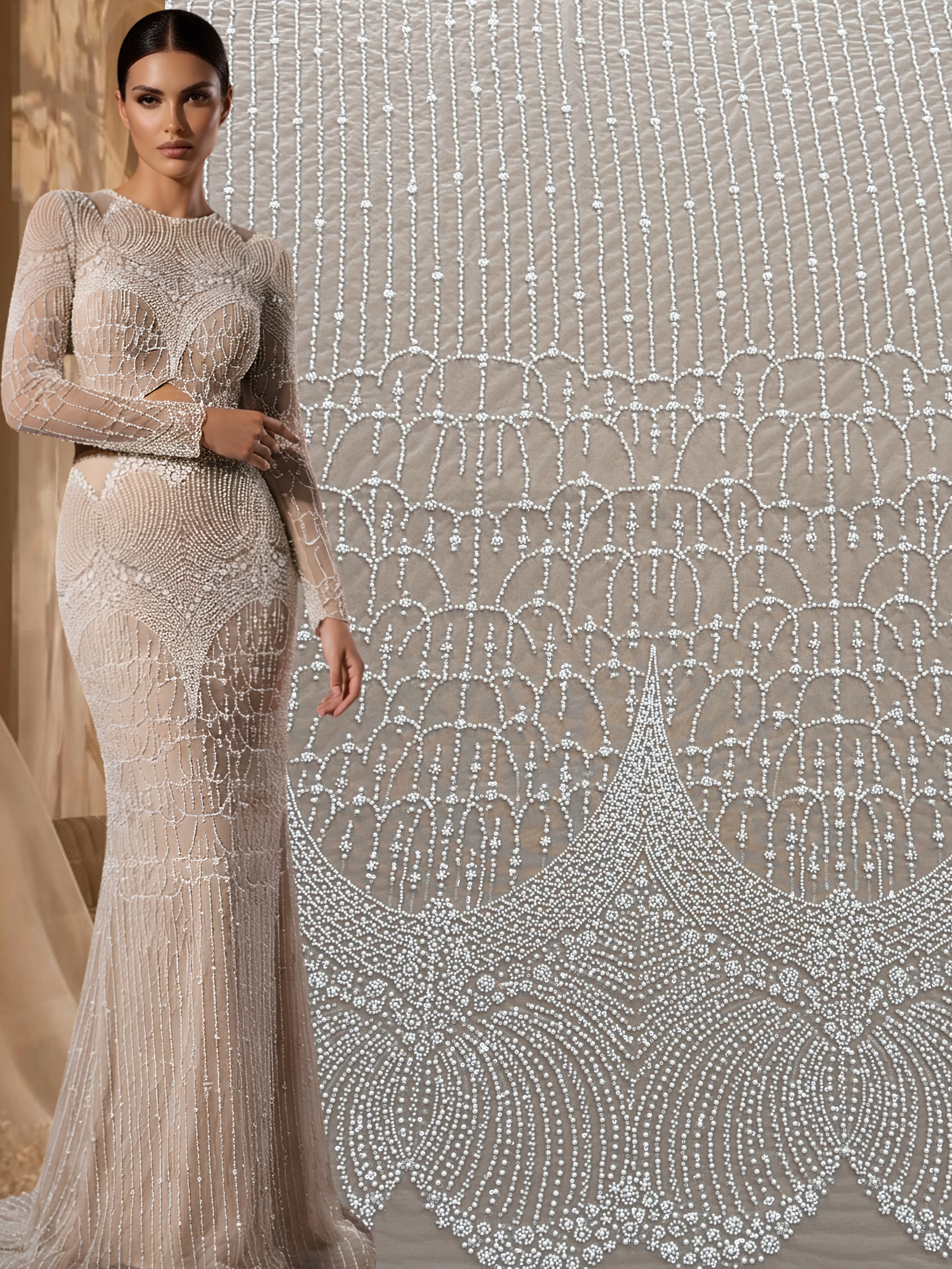 Dantela Ivory cu Model Geometric, cu Perle, Margele si Paiete