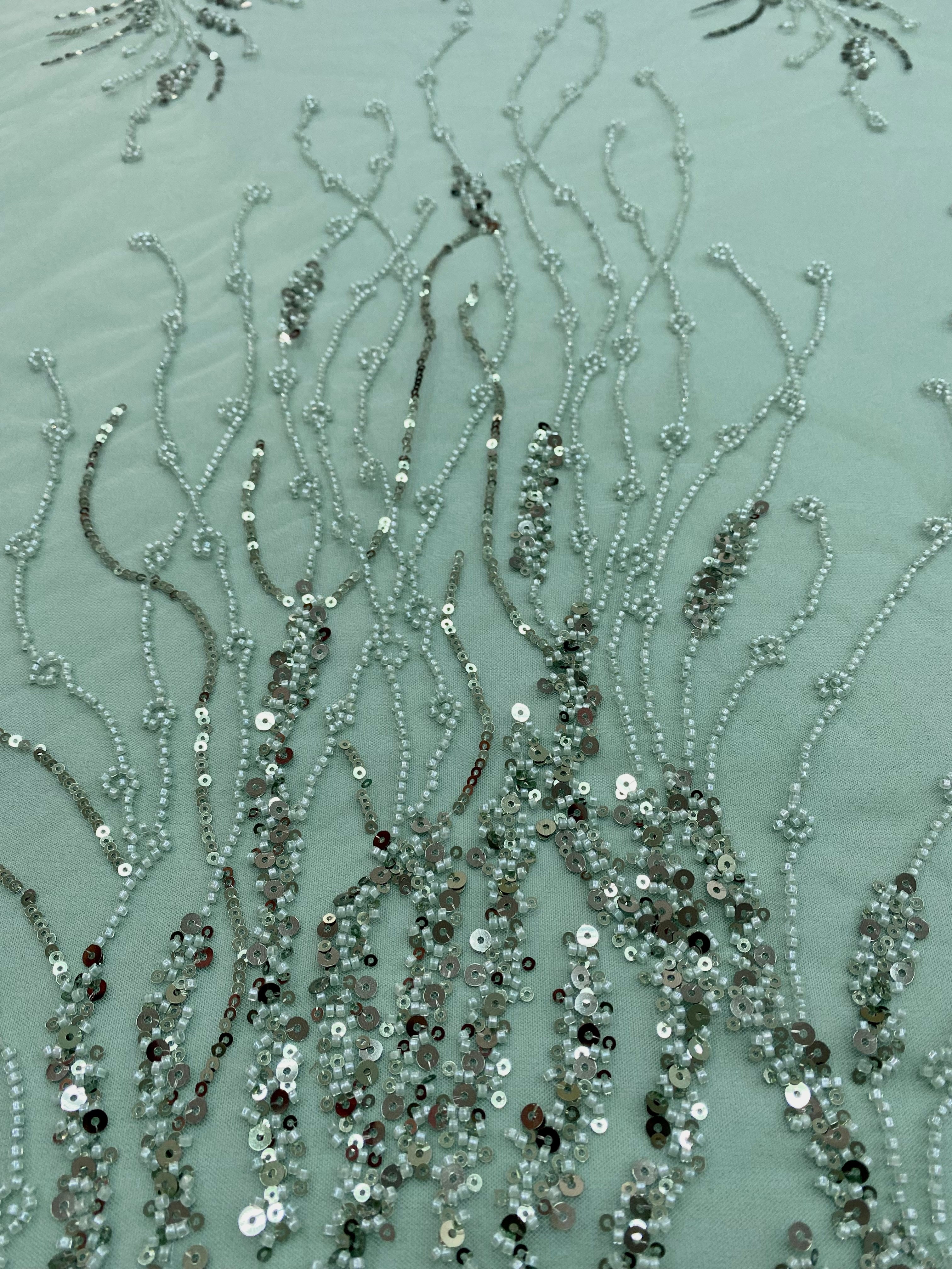 Dark Green Lace with Linear Pattern, with Beads and Sequins