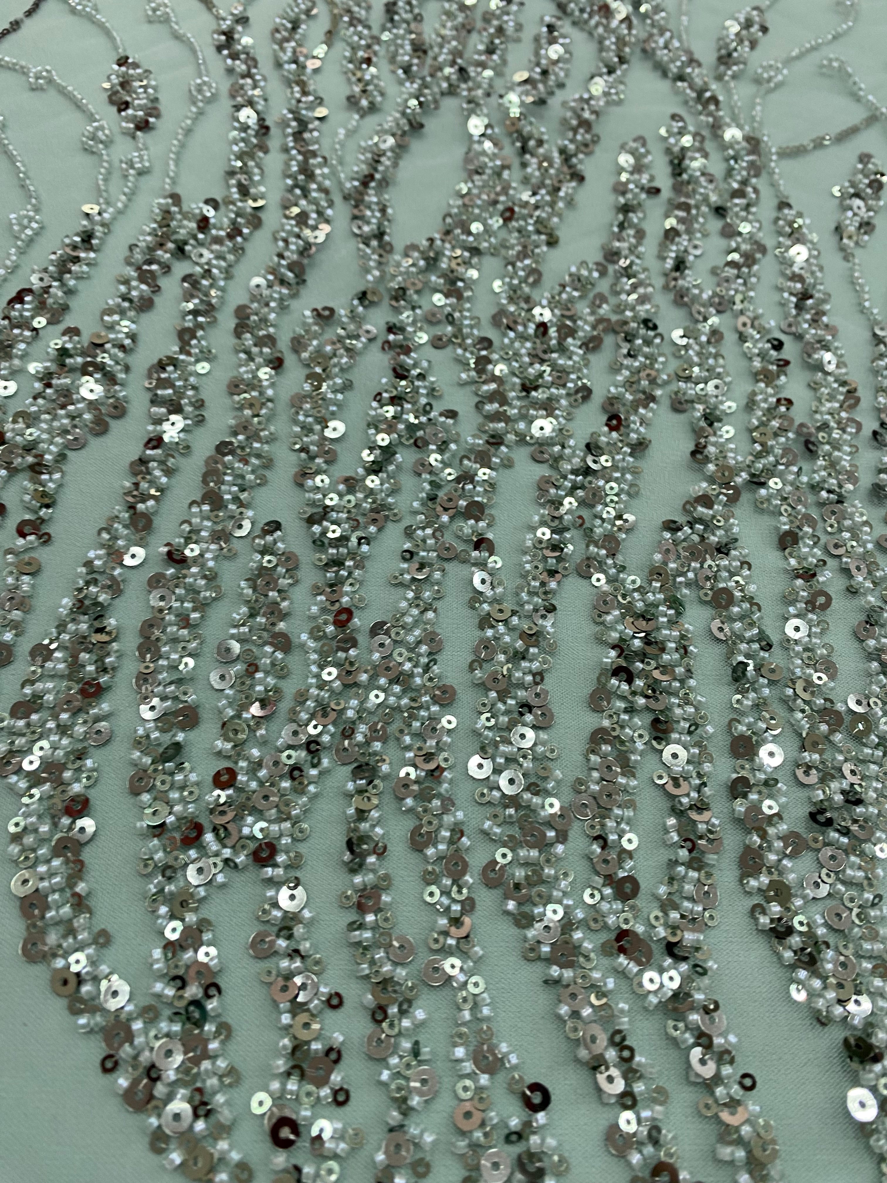 Dark Green Lace with Linear Pattern, with Beads and Sequins