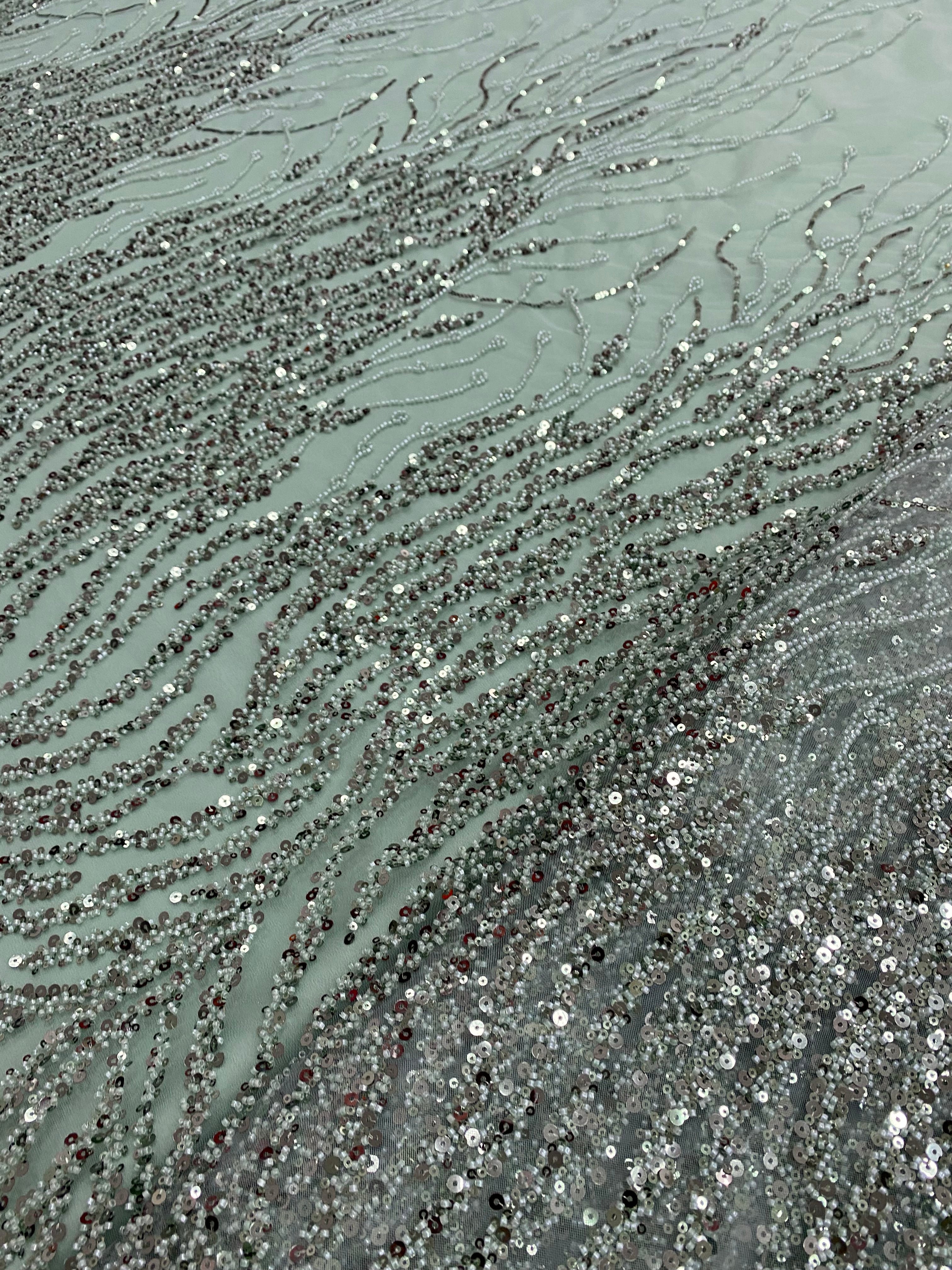 Dark Green Lace with Linear Pattern, with Beads and Sequins