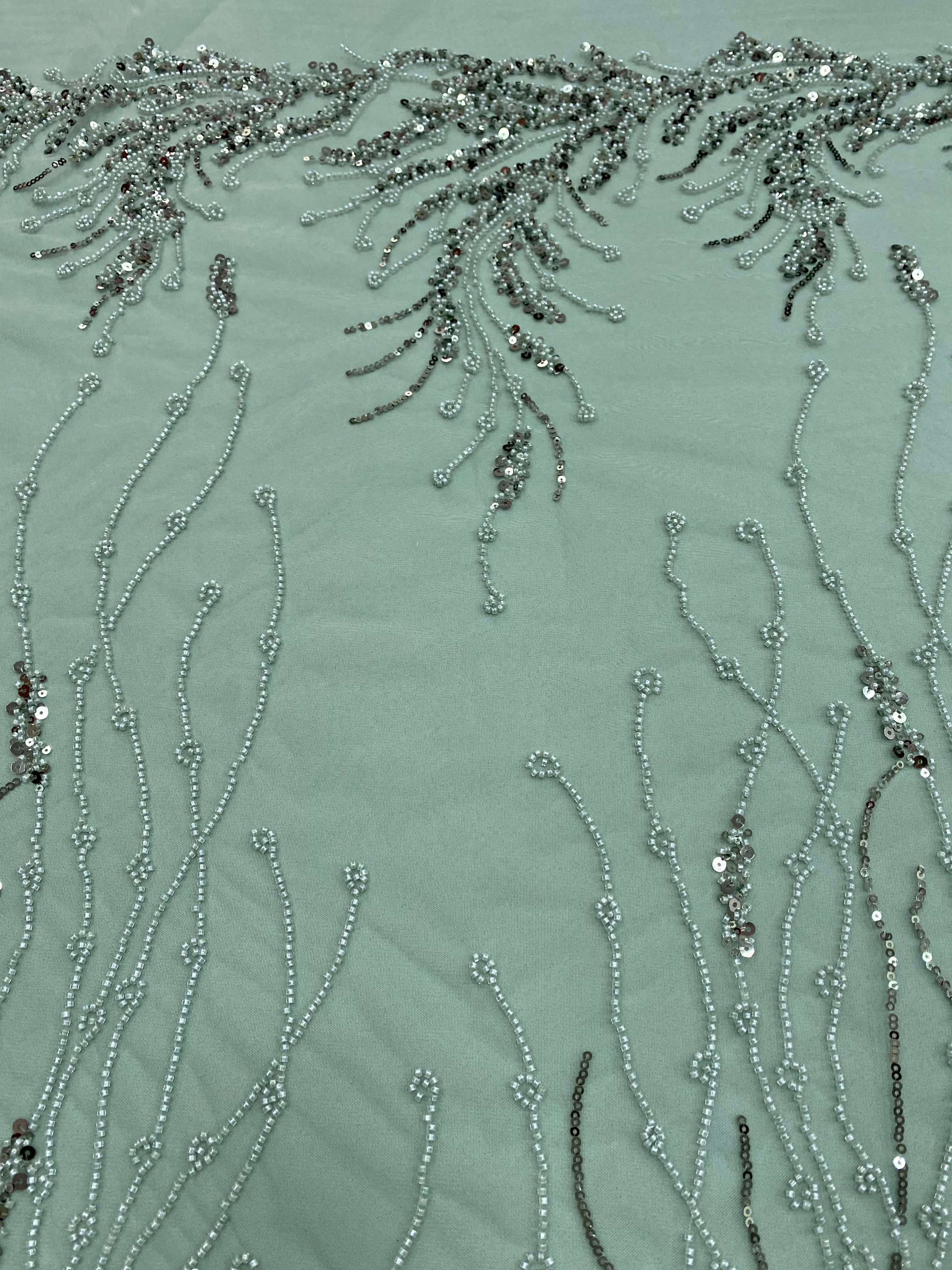 Dark Green Lace with Linear Pattern, with Beads and Sequins