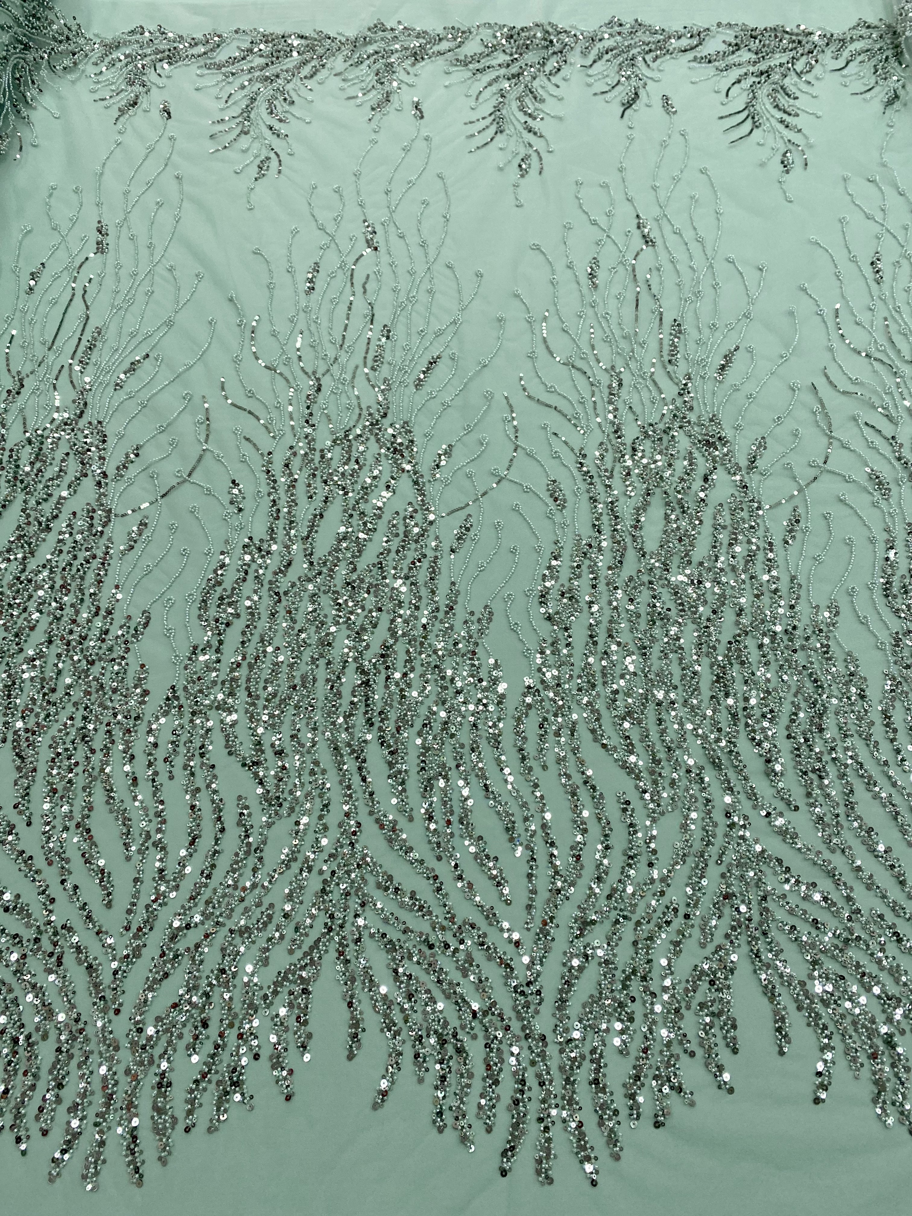 Dark Green Lace with Linear Pattern, with Beads and Sequins