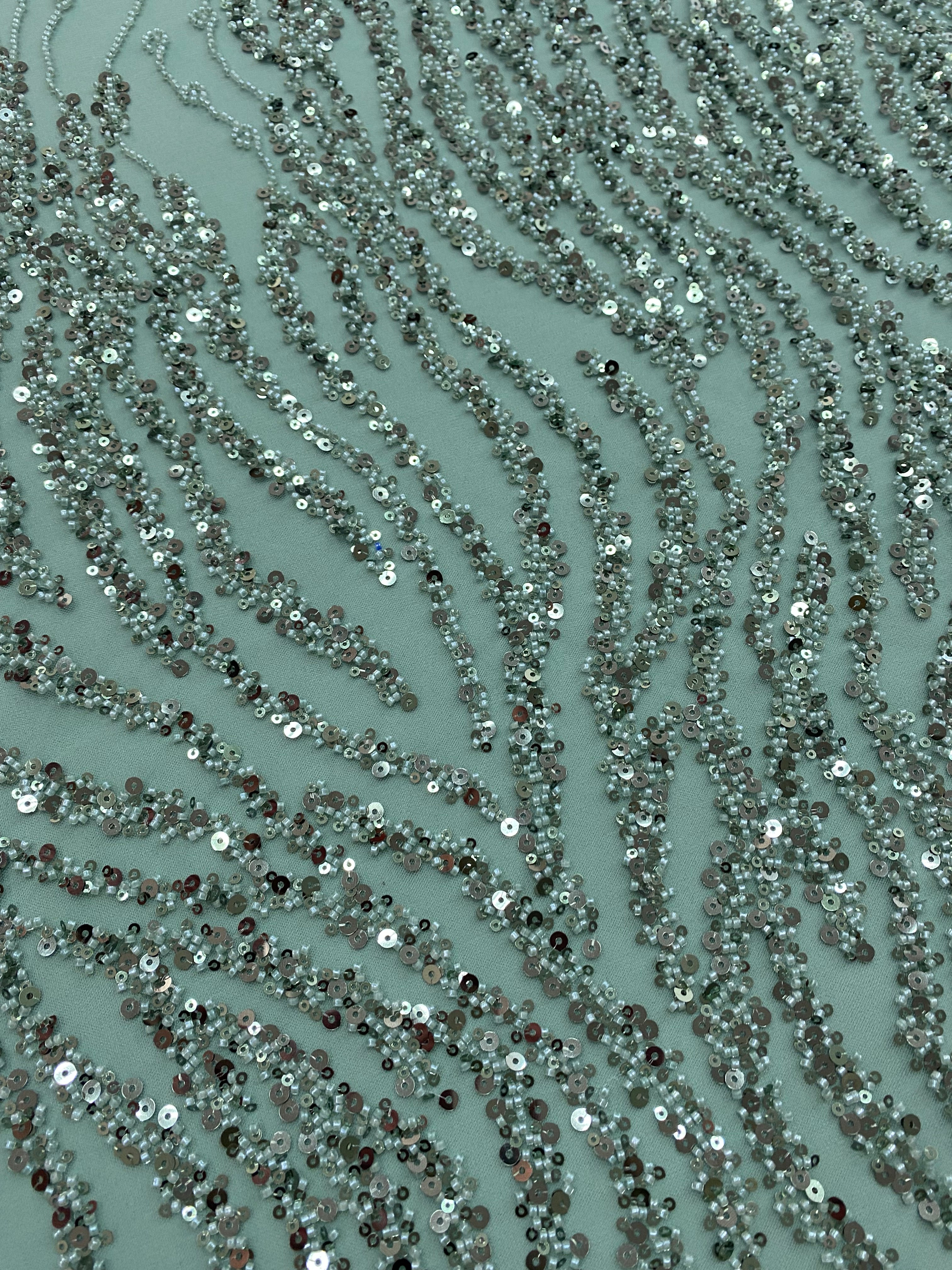Dark Green Lace with Linear Pattern, with Beads and Sequins