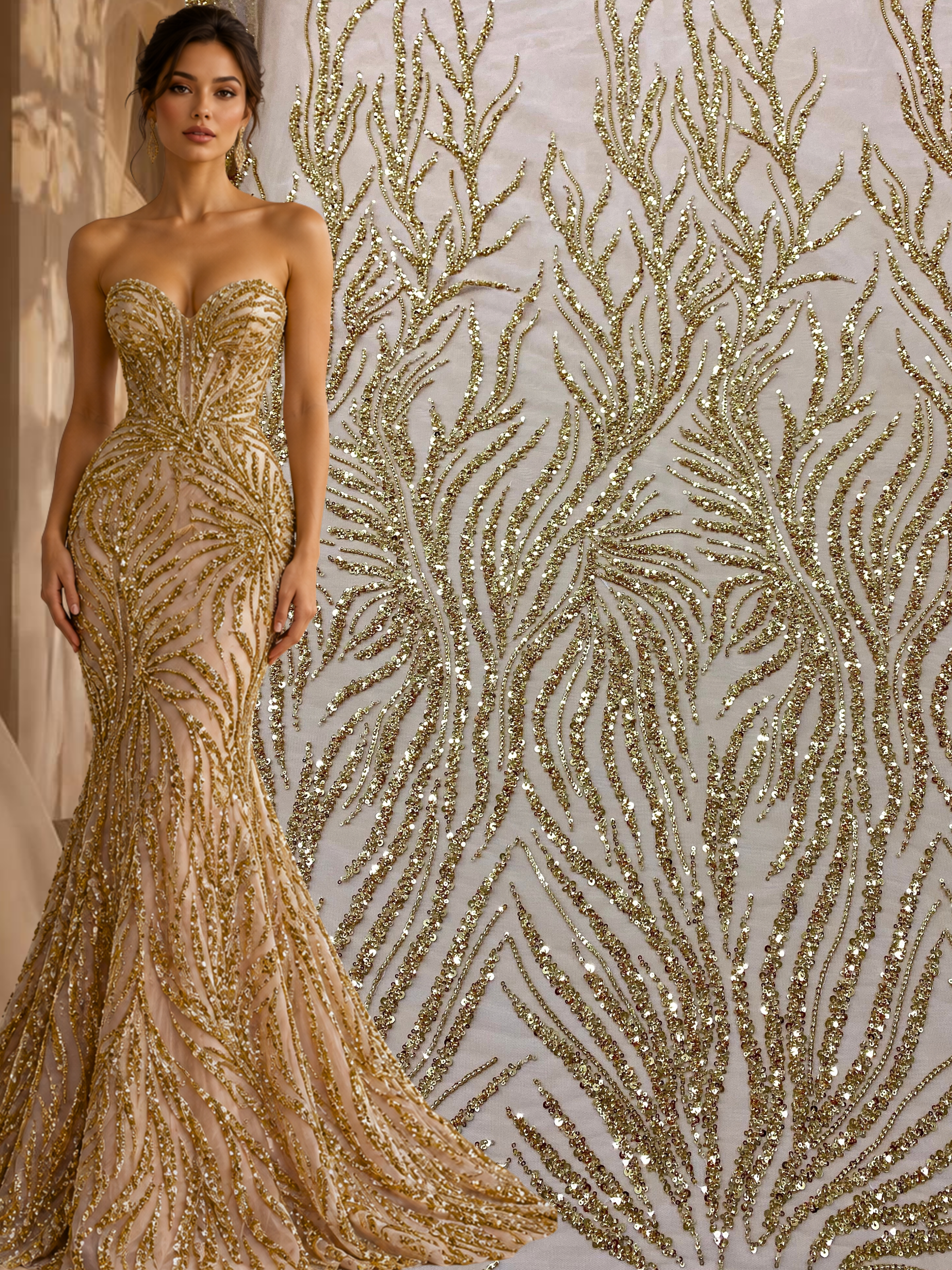 Dantela Couture Aurie cu Siraguri, cu Margele si Paiete