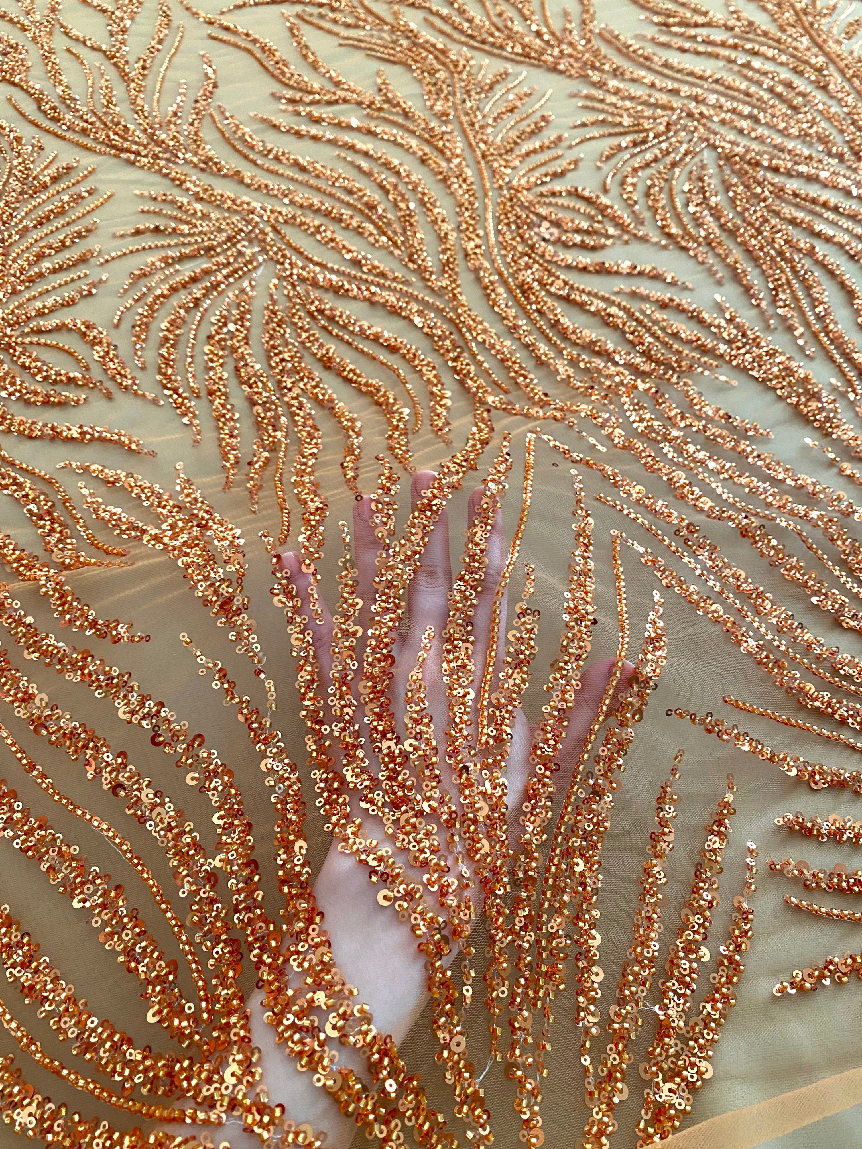Couture Lace Burnt Orange with Strings, Beads and Sequins