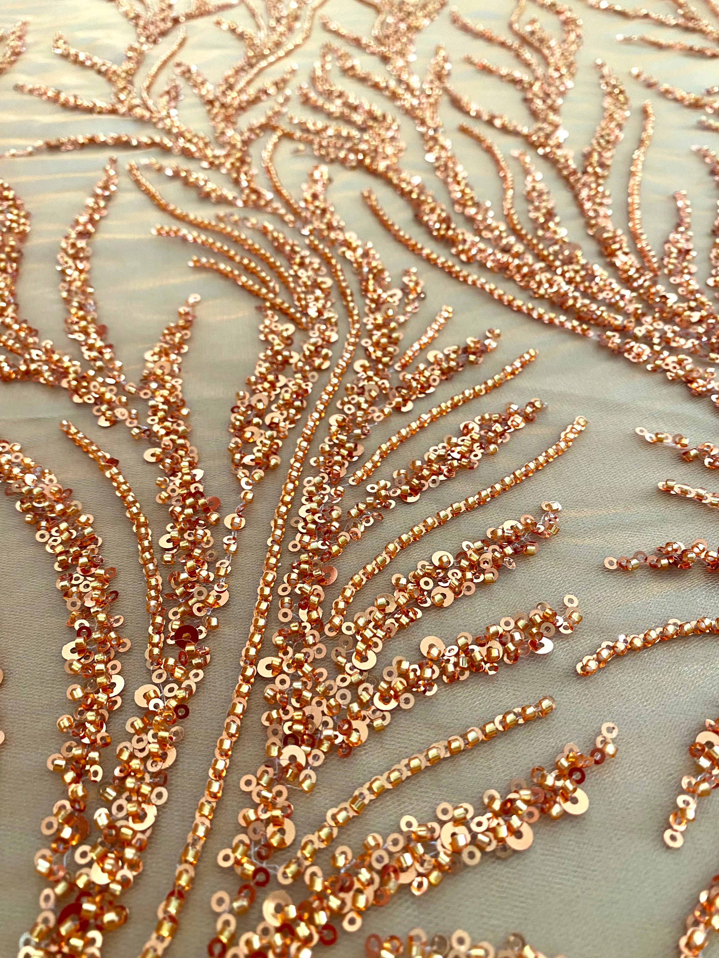 Couture Lace Burnt Orange with Strings, Beads and Sequins