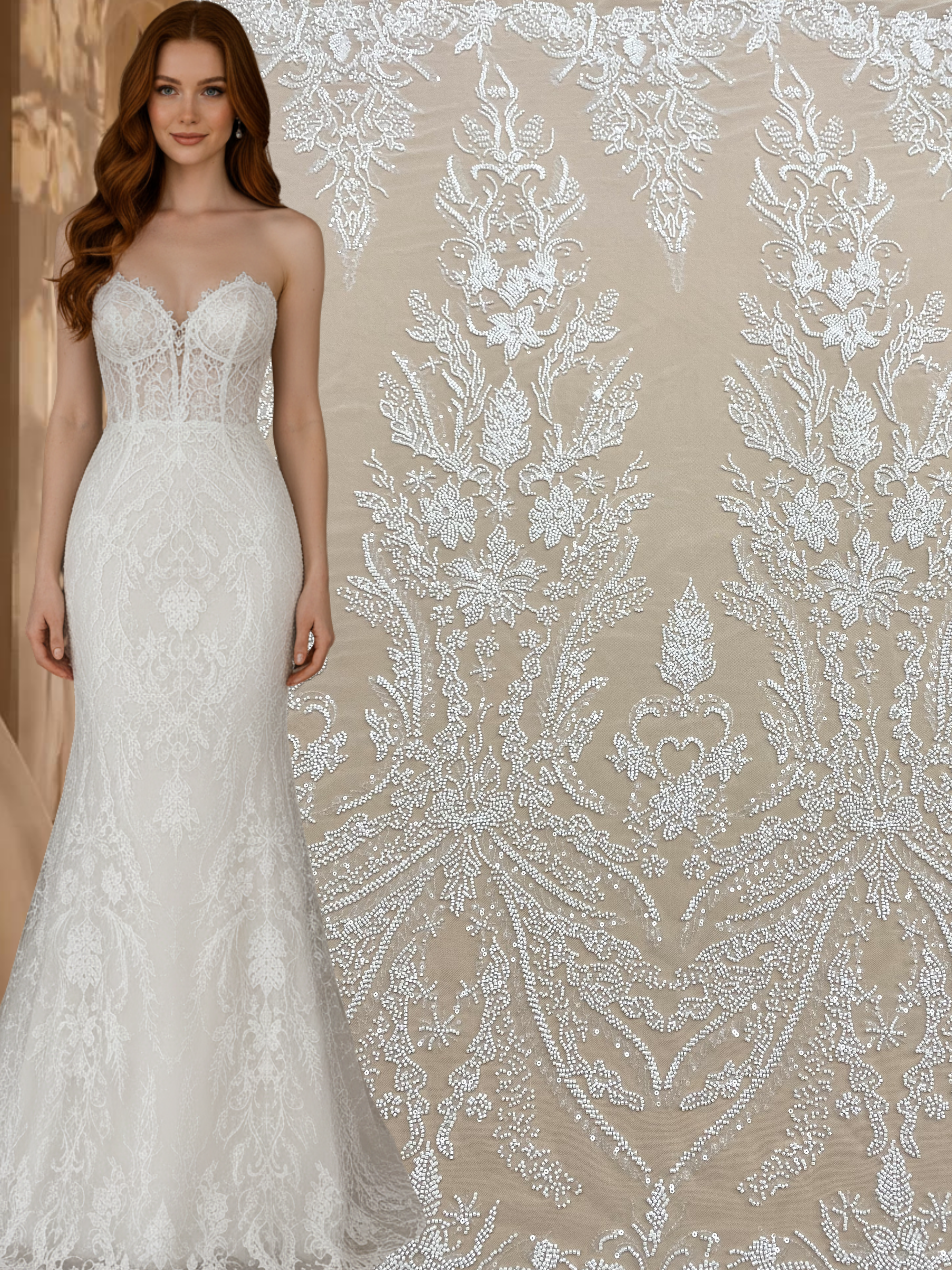 Dantela Couture Ivory cu Model Floral, cu Margele si Paiete