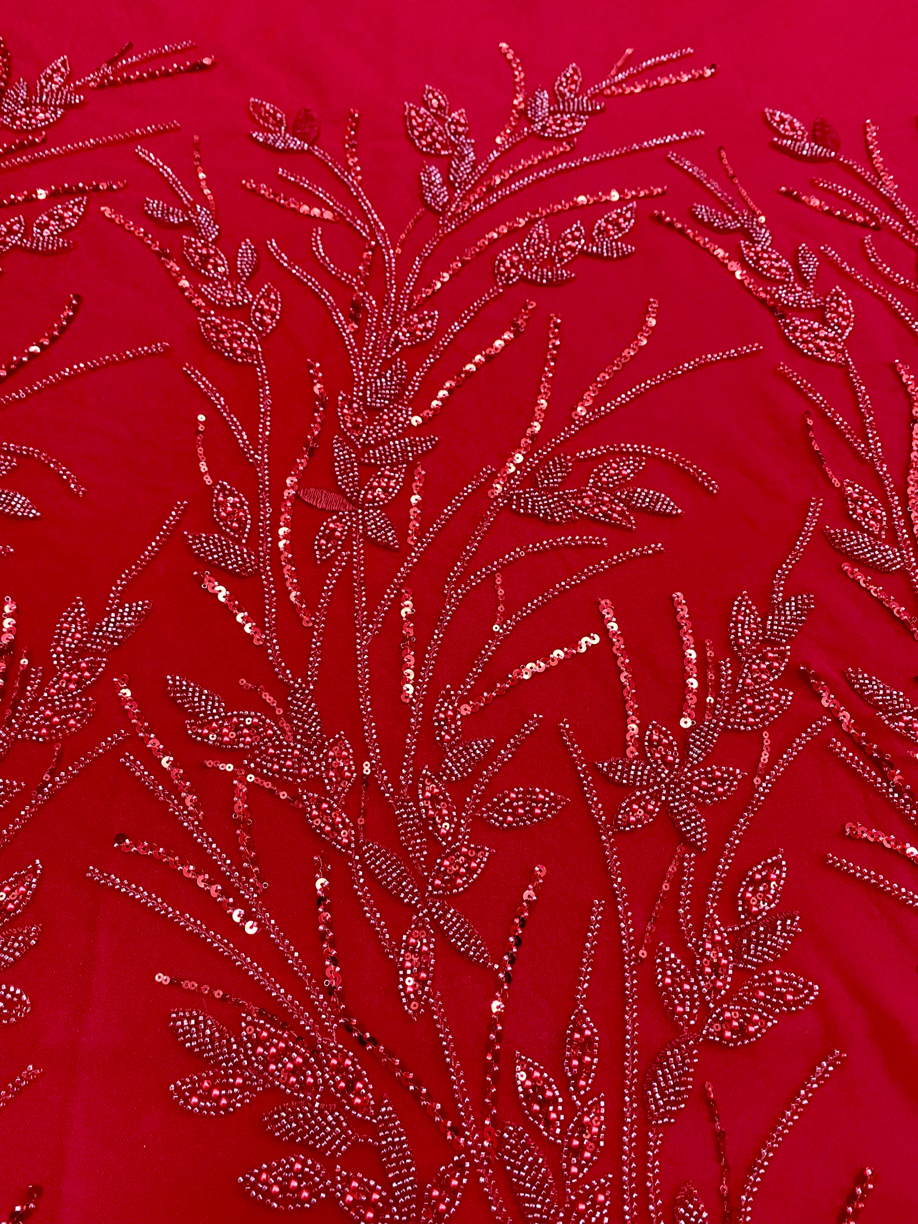 Dantela Couture Rosie cu Model Floral, Perle, Margele si Paiete