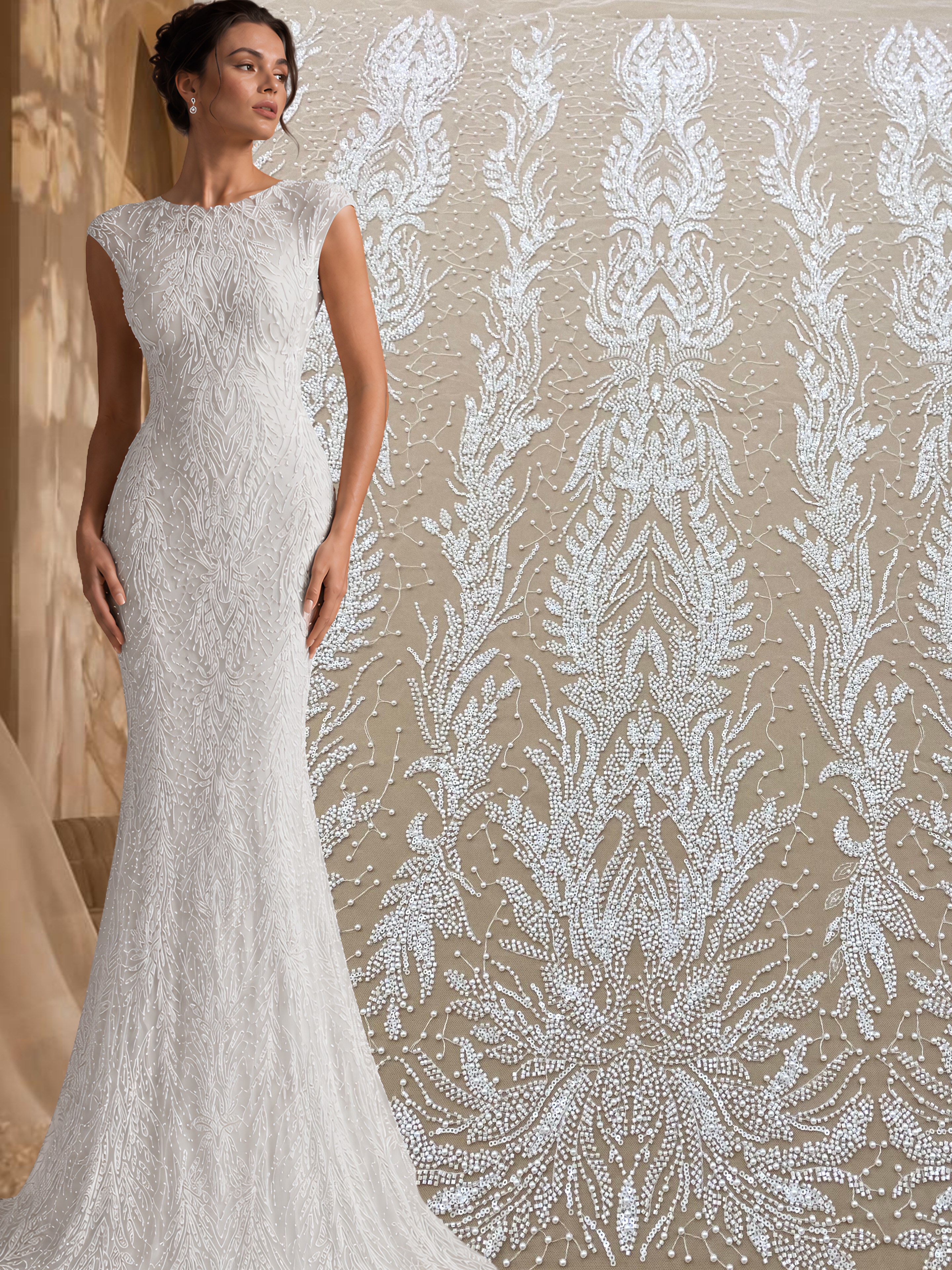 Dantela Couture Ivory cu Model Simetric, cu Perle, Margele si Paiete