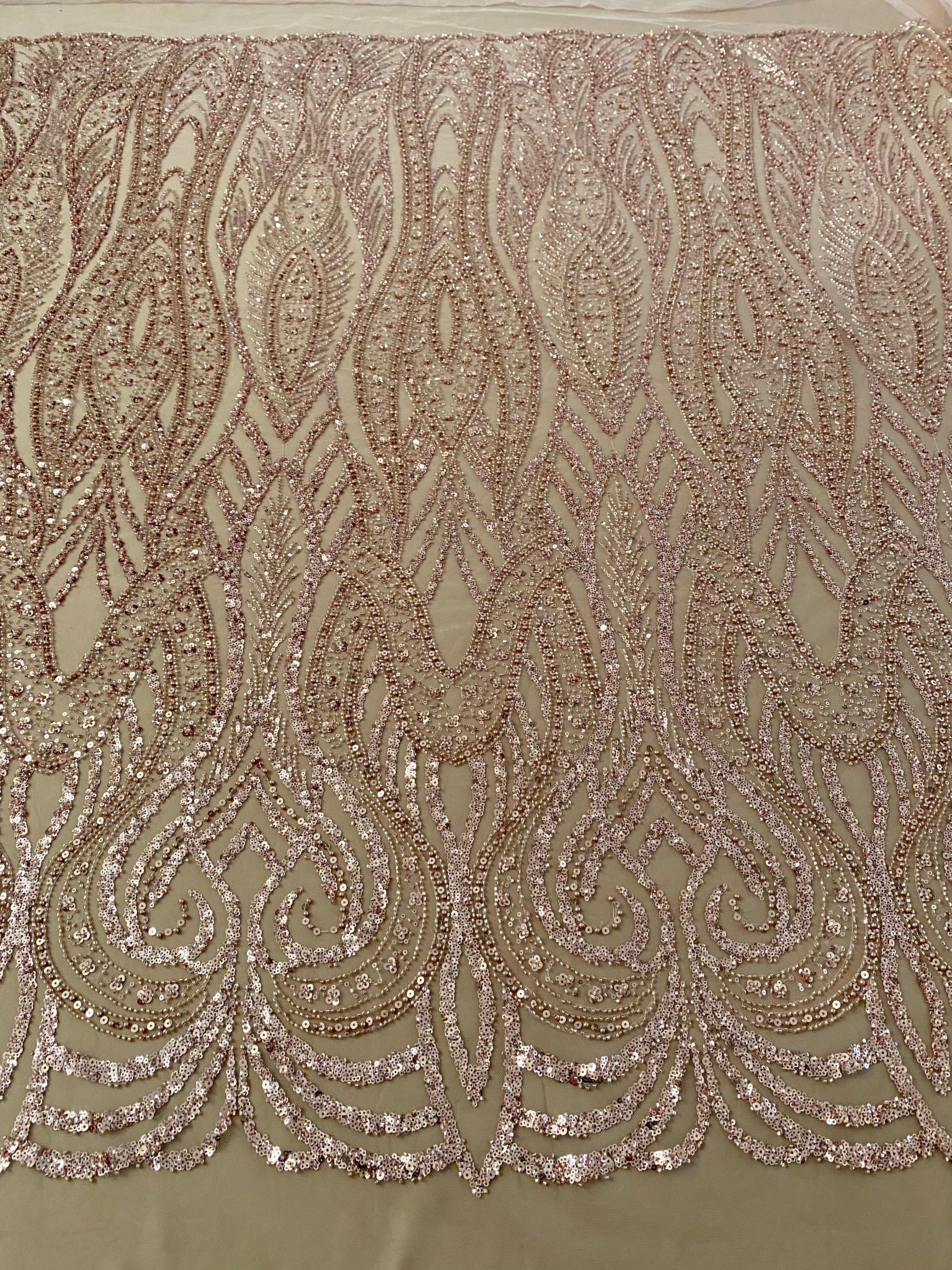 Dantela Couture Arany Rose Geometriai Mintával, Gyöngyökkel, Gyöngyöcskékkel és Flitterekkel