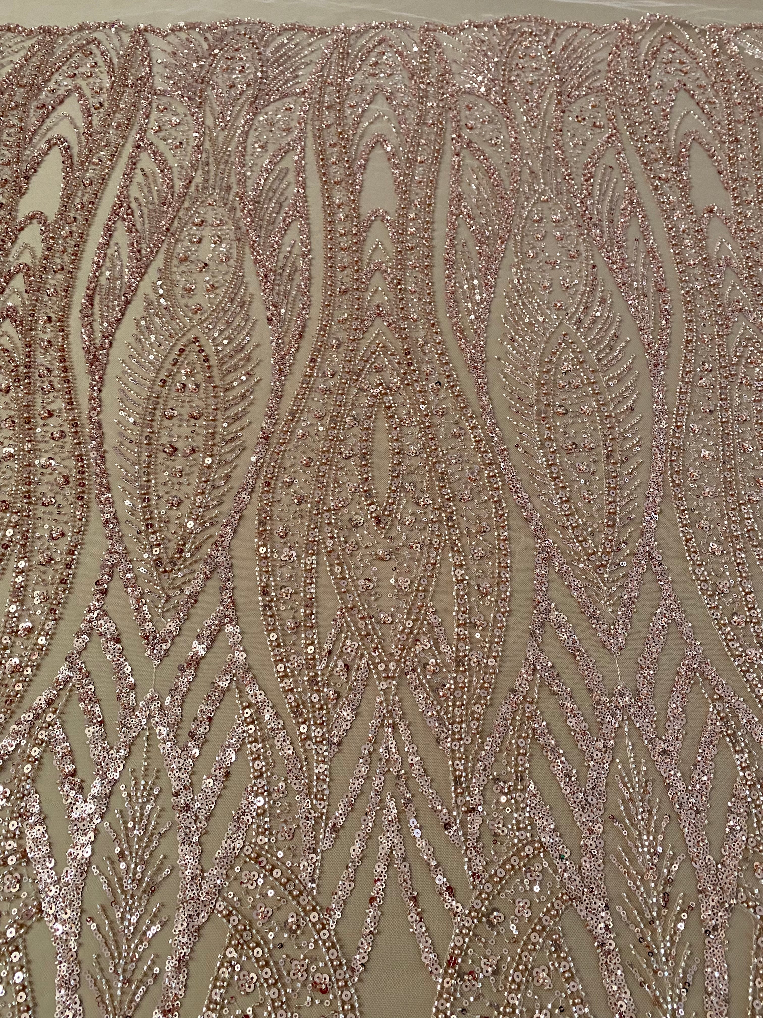 Dantela Couture Arany Rose Geometriai Mintával, Gyöngyökkel, Gyöngyöcskékkel és Flitterekkel