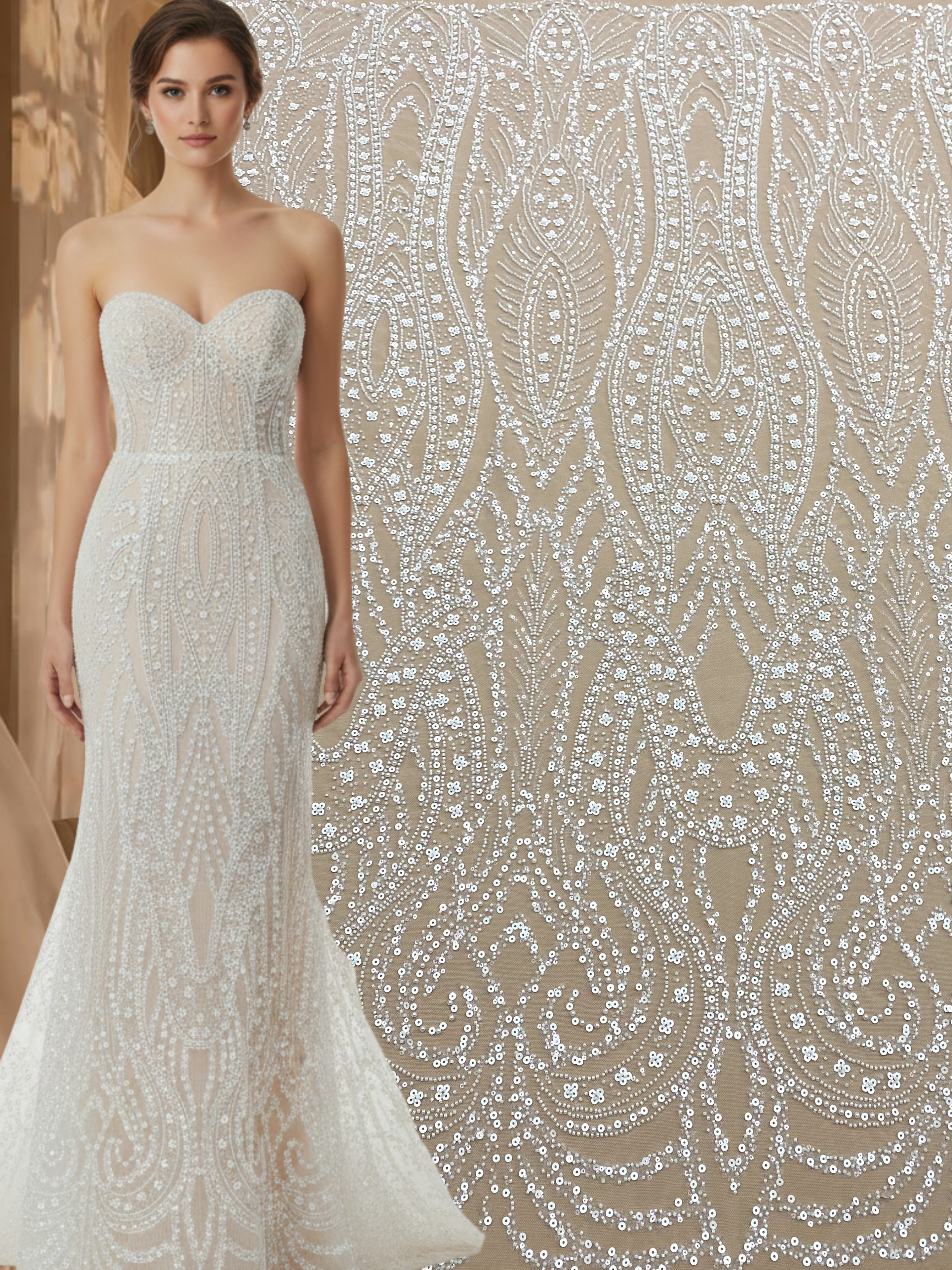Dantela Couture Ivory cu Model Geometric, cu Perle, Margele si Paiete