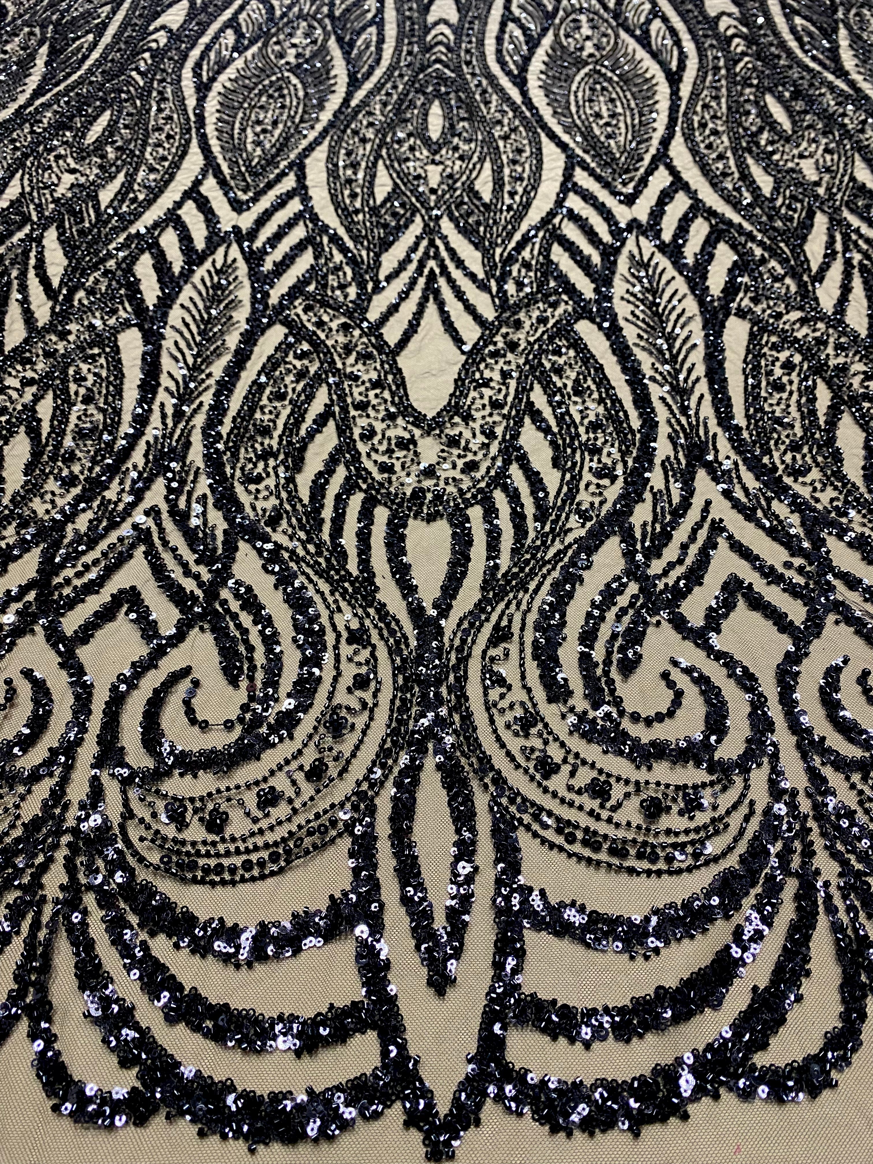 Dantela Couture Neagra cu Model Geometric, cu Perle, Margele si Paiete