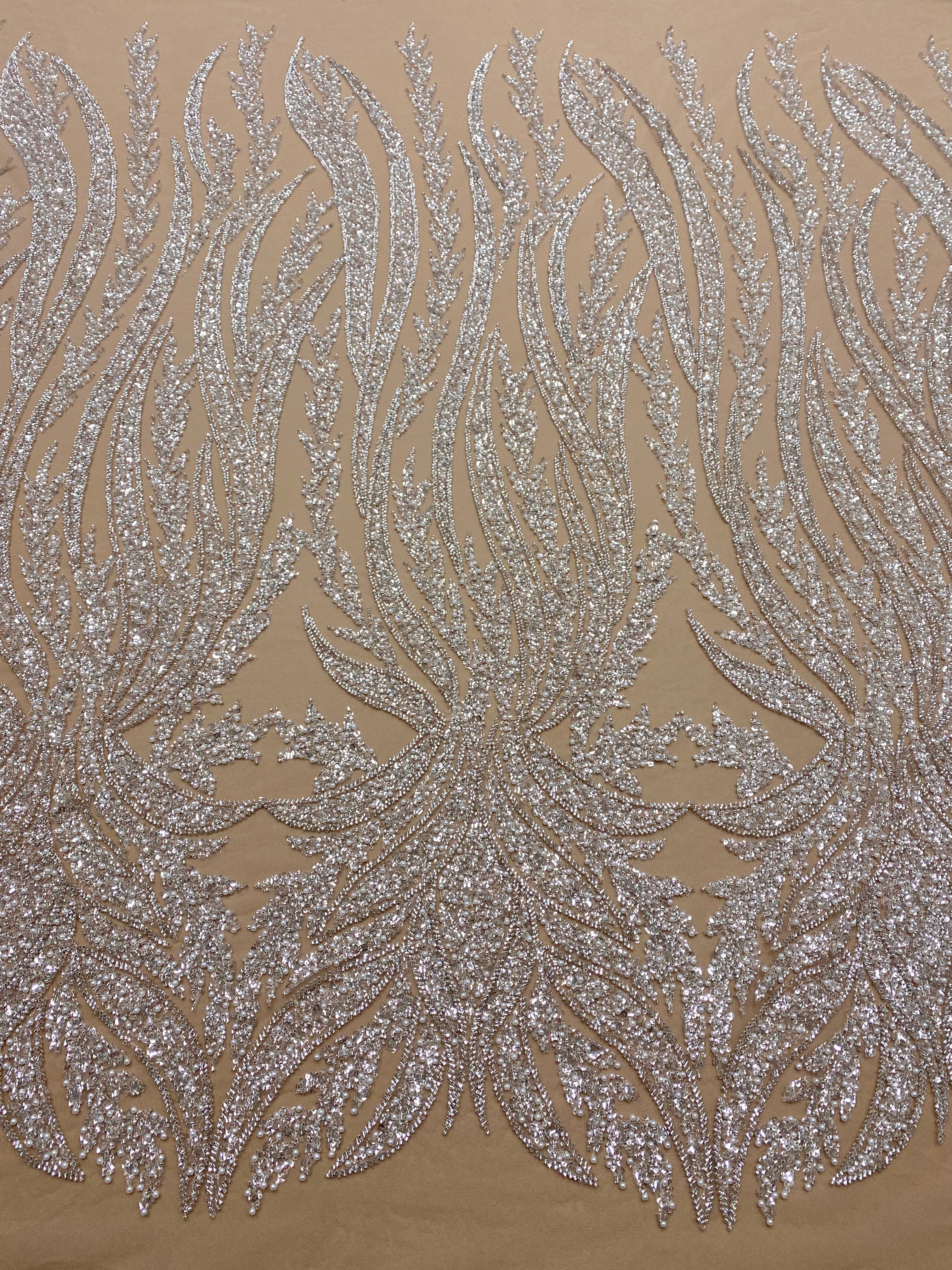Silver Couture Lace on Nude Tulle with Panel, with Pearls, Beads and Sequins