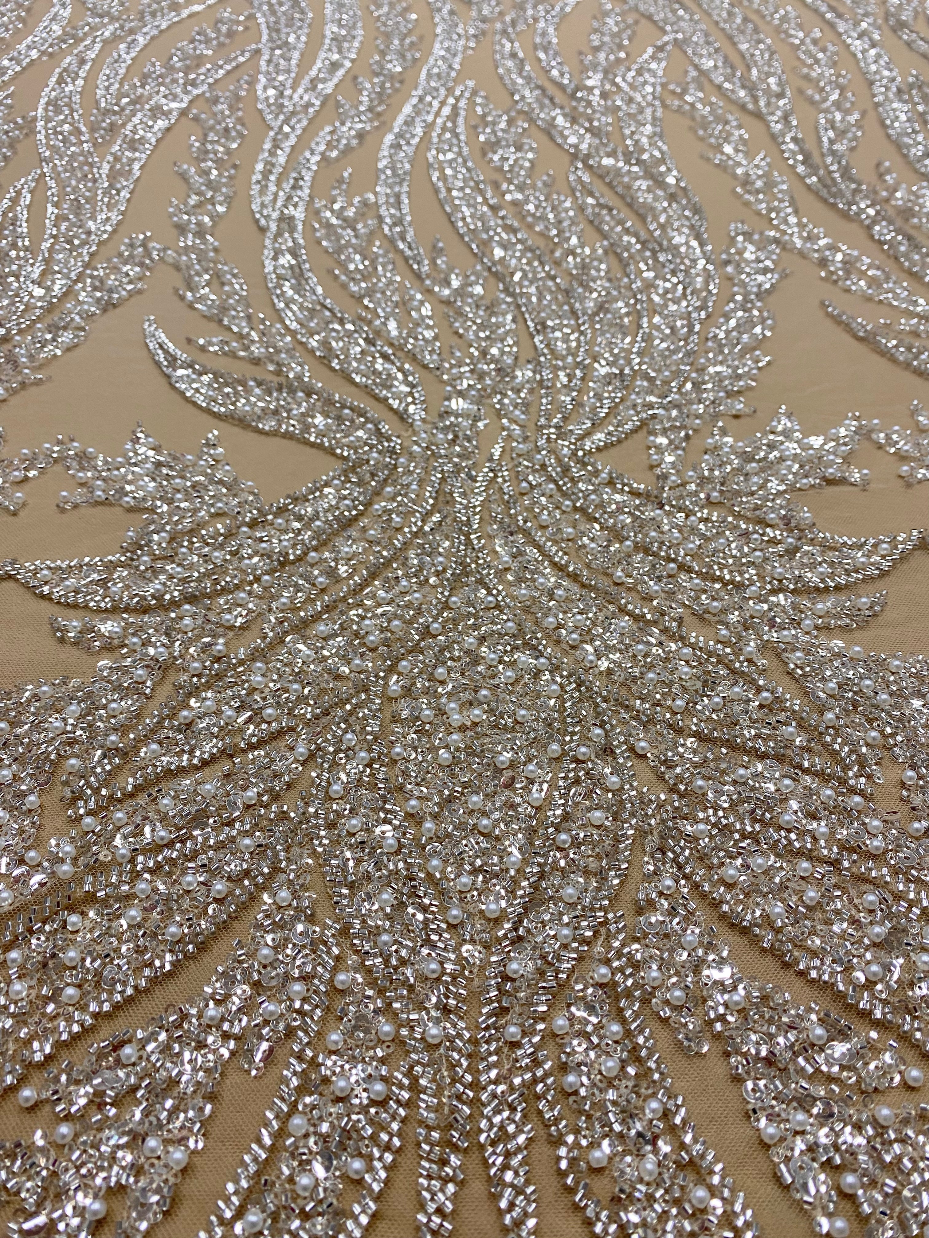 Silver Couture Lace on Nude Tulle with Panel, with Pearls, Beads and Sequins