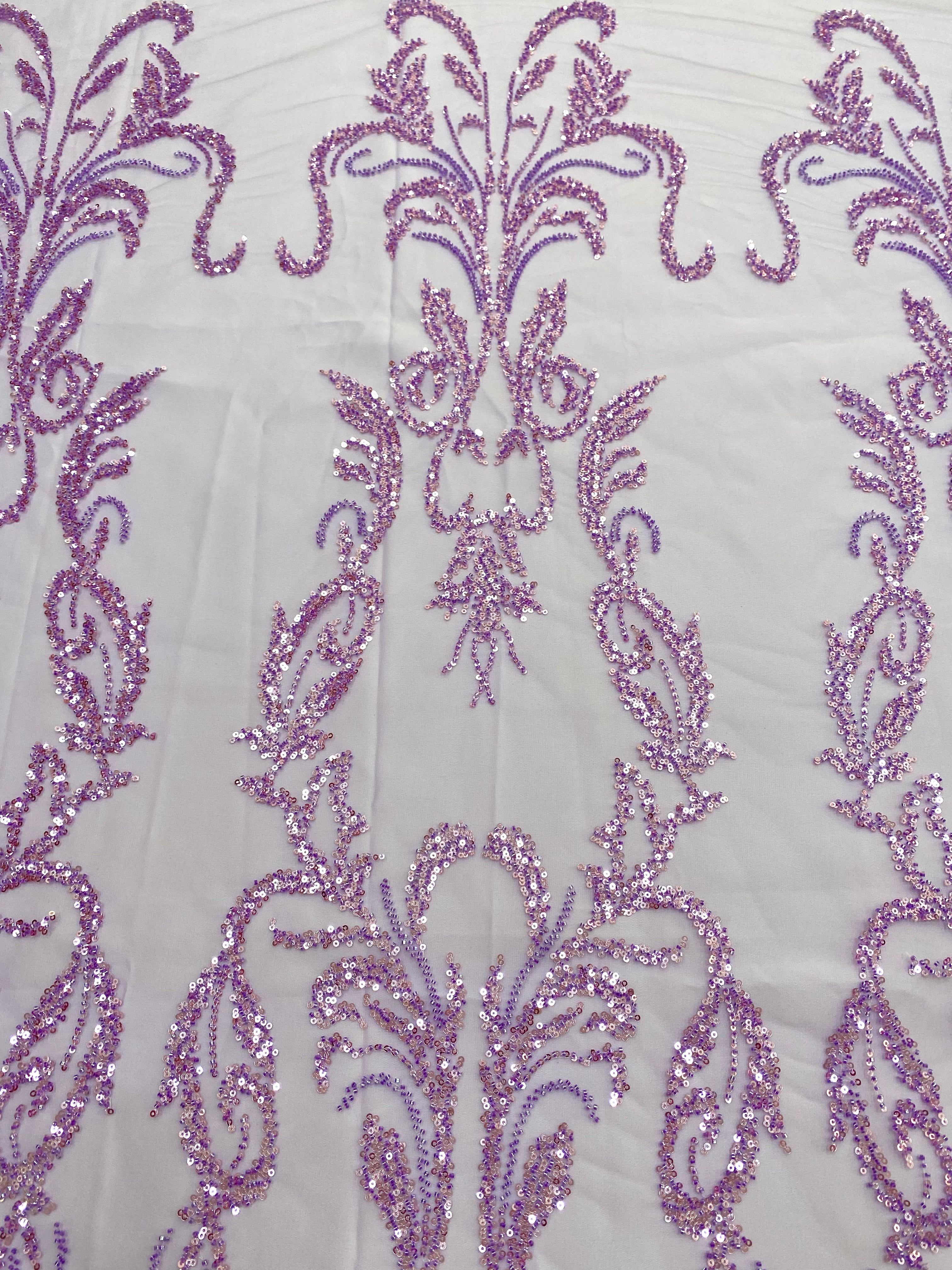 Lavender Couture Lace with Geometric Pattern, Beads and Sequins