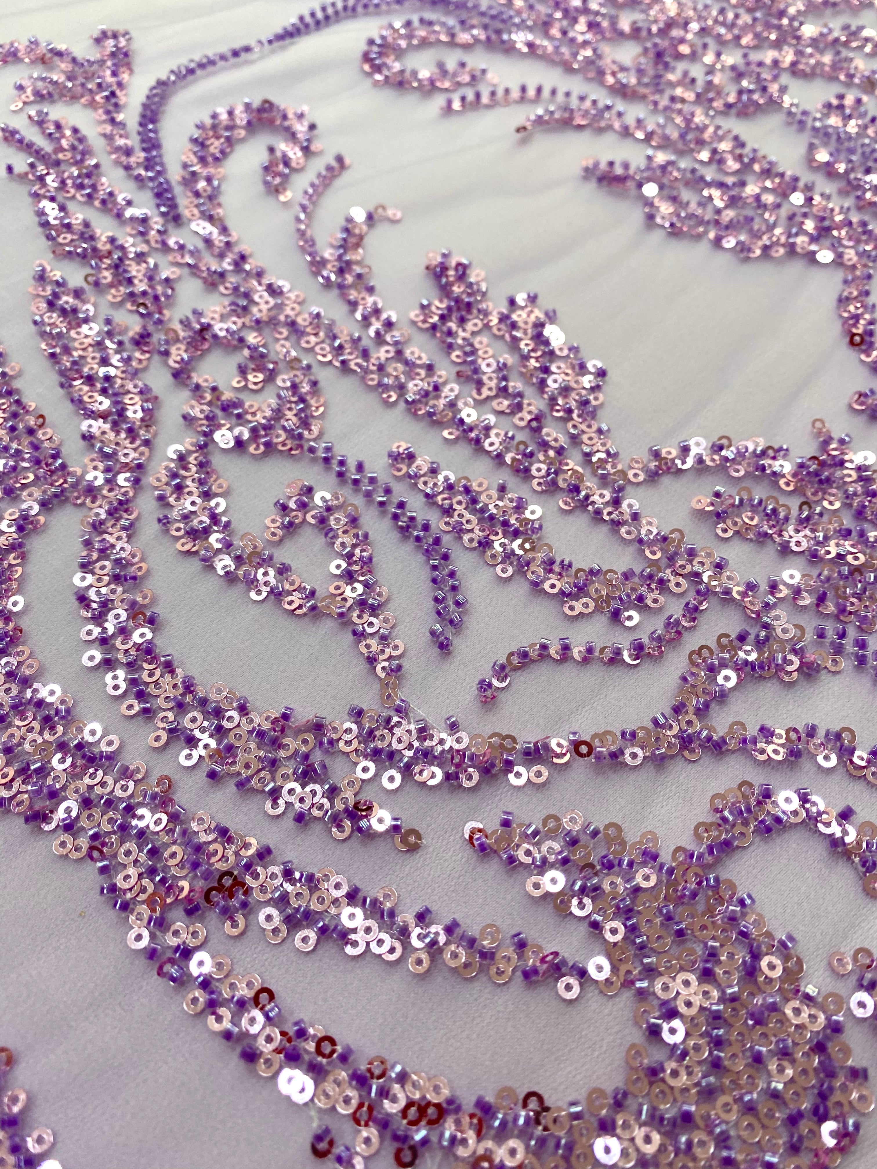 Lavender Couture Lace with Geometric Pattern, Beads and Sequins