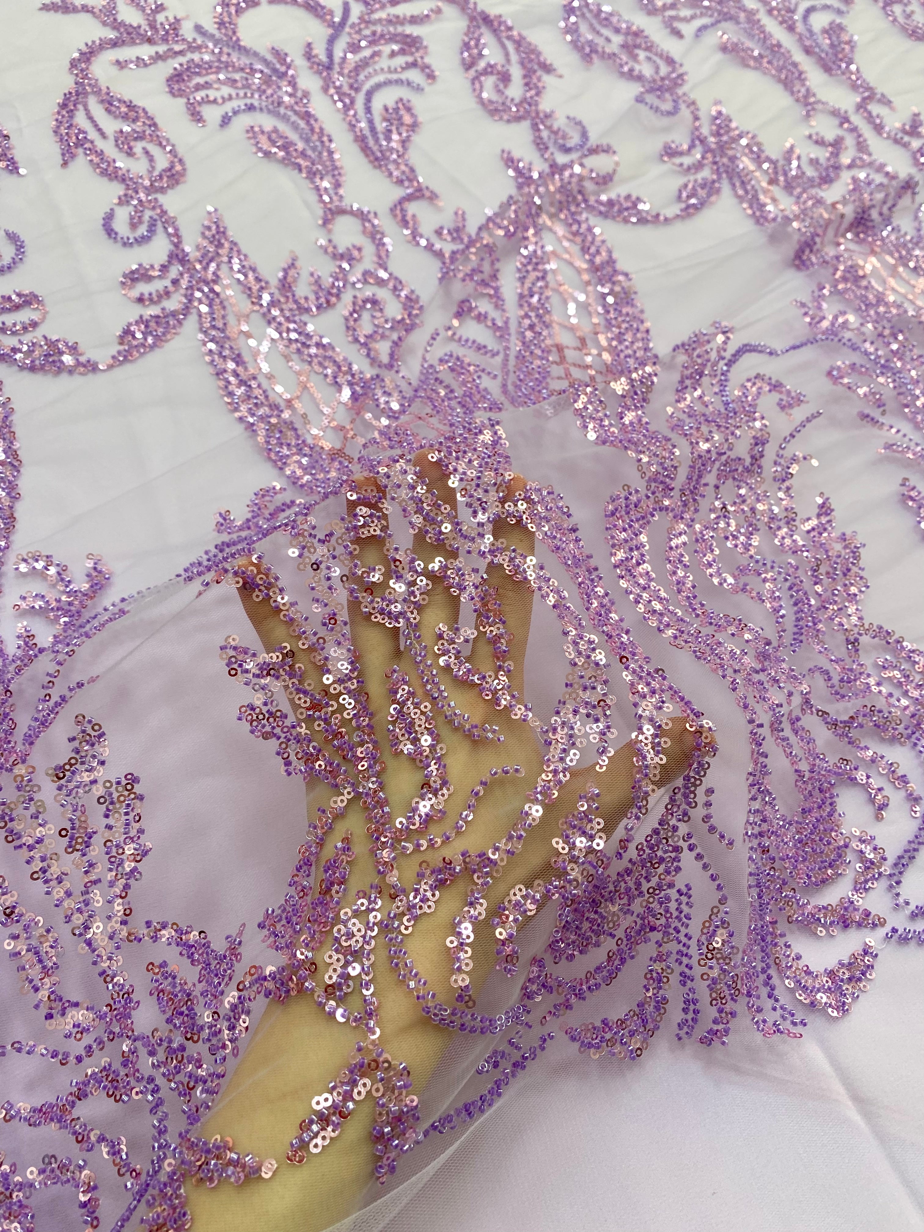 Lavender Couture Lace with Geometric Pattern, Beads and Sequins