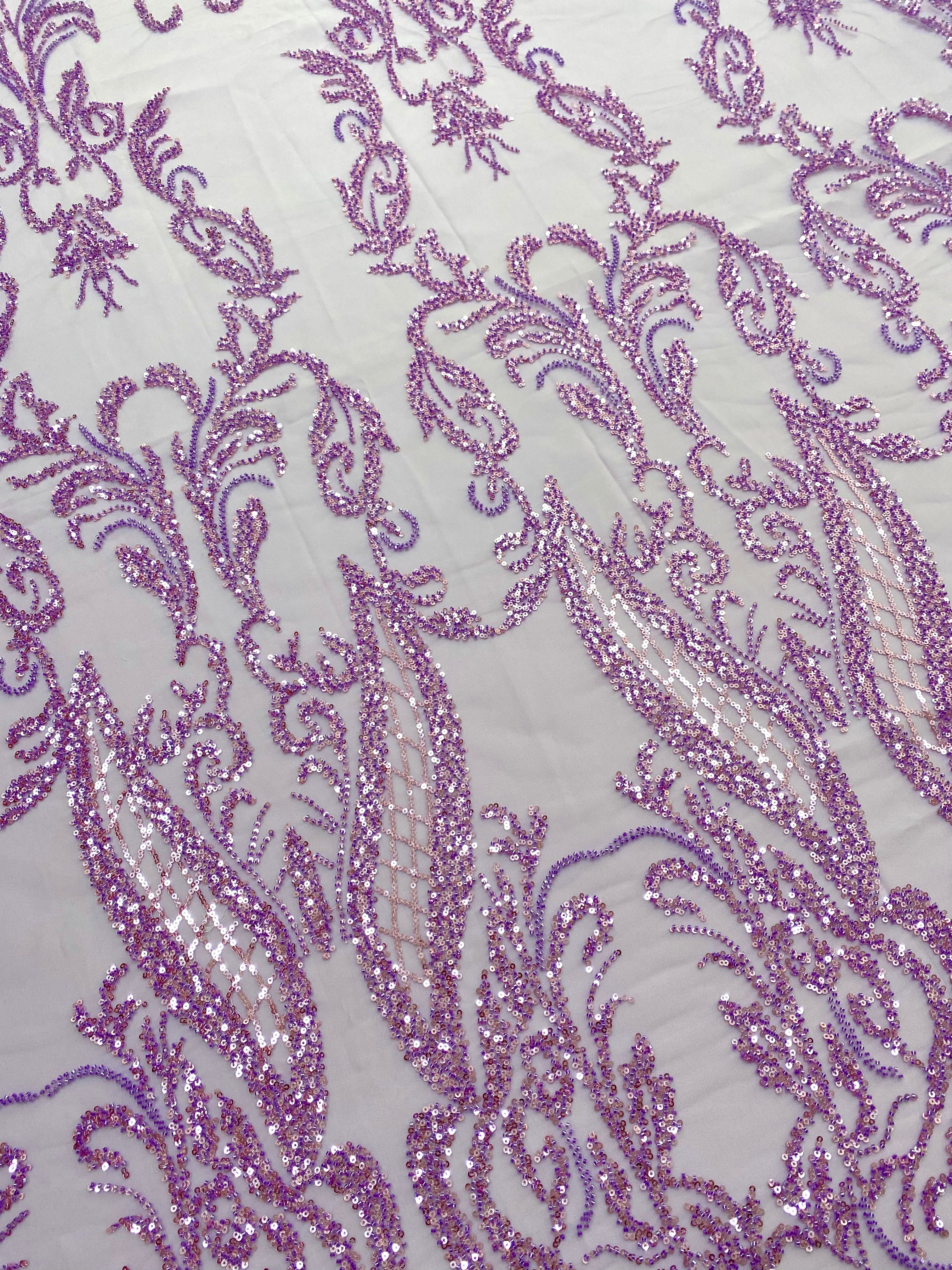 Lavender Couture Lace with Geometric Pattern, Beads and Sequins