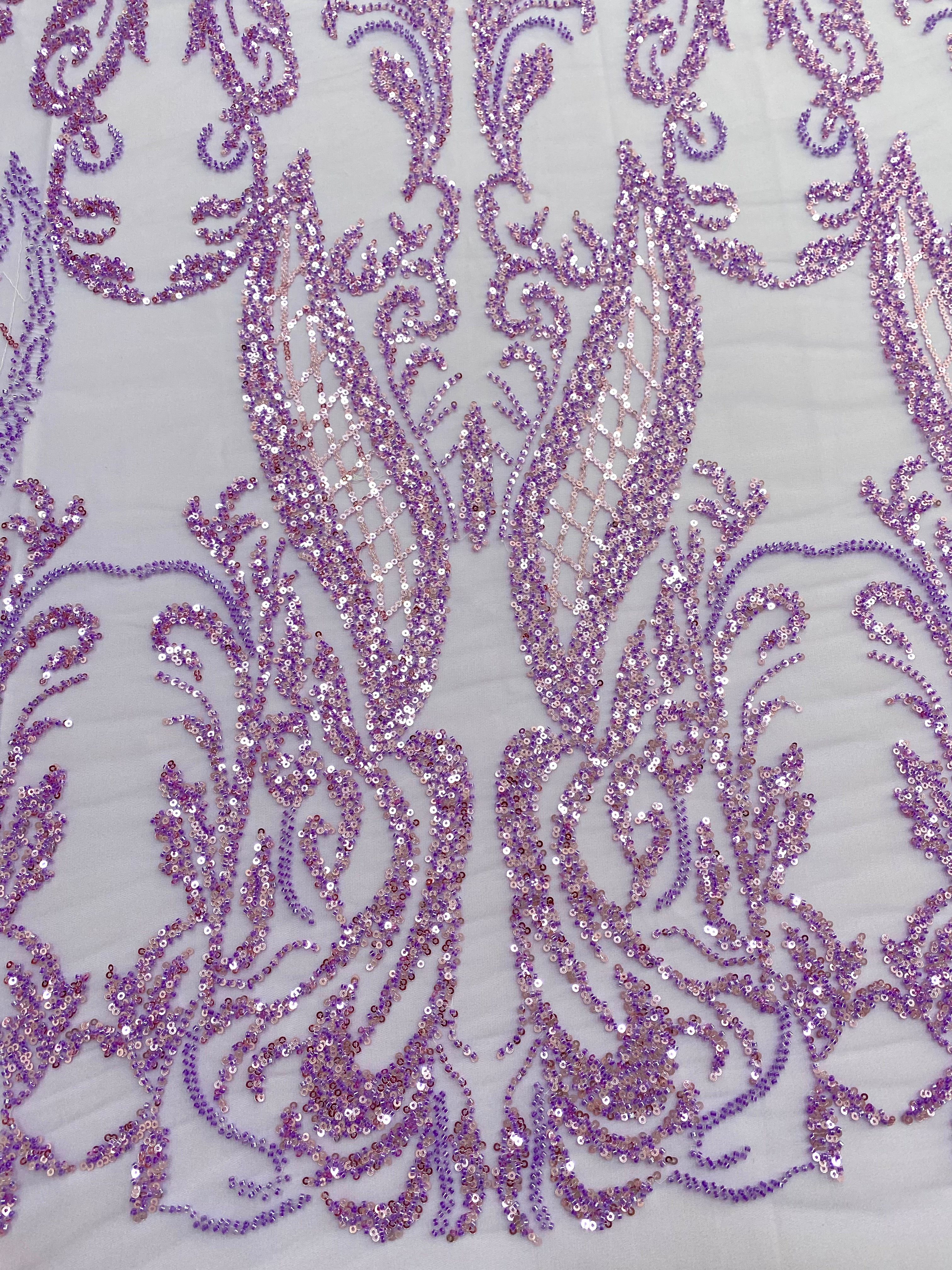 Lavender Couture Lace with Geometric Pattern, Beads and Sequins