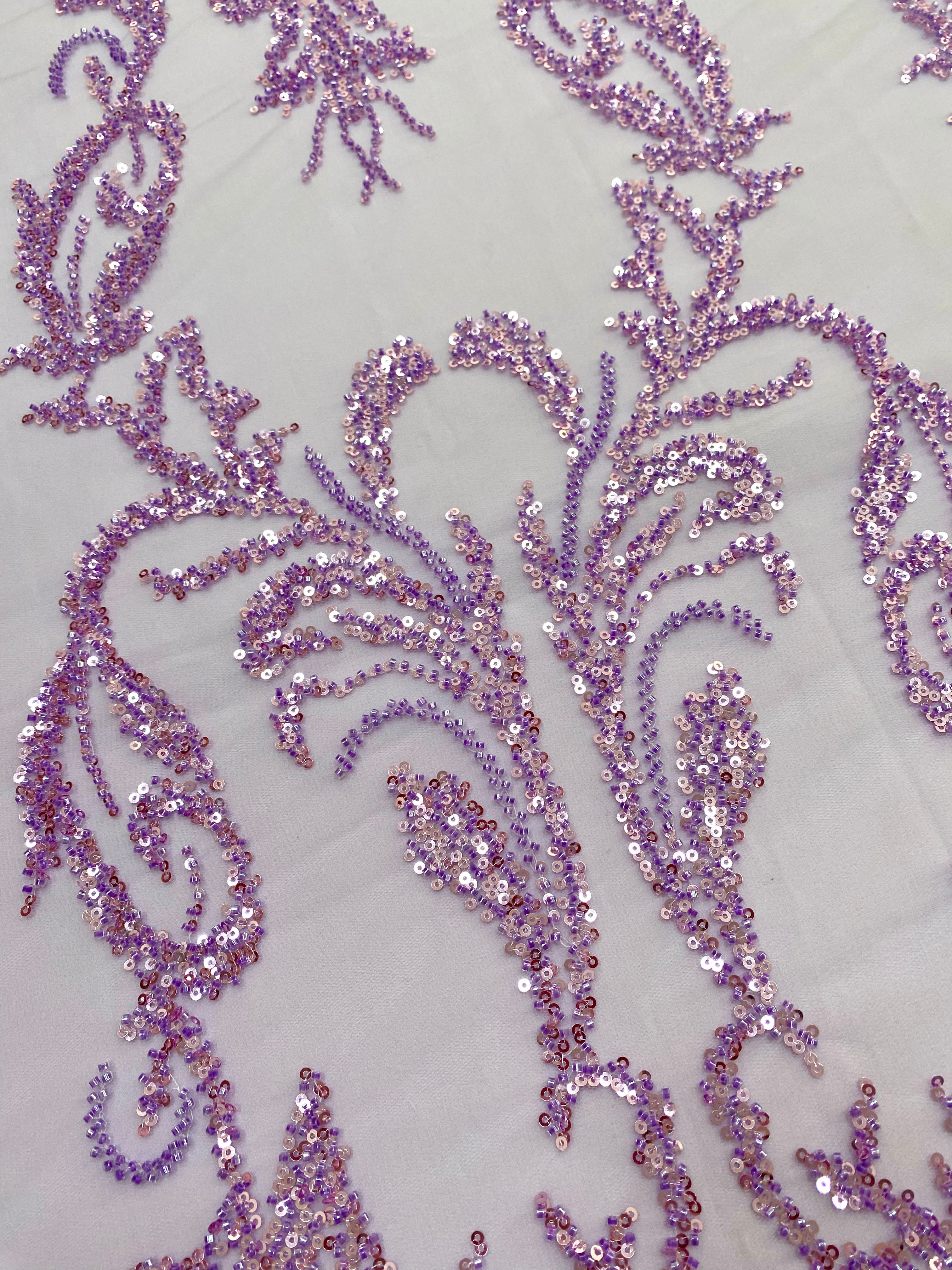 Lavender Couture Lace with Geometric Pattern, Beads and Sequins