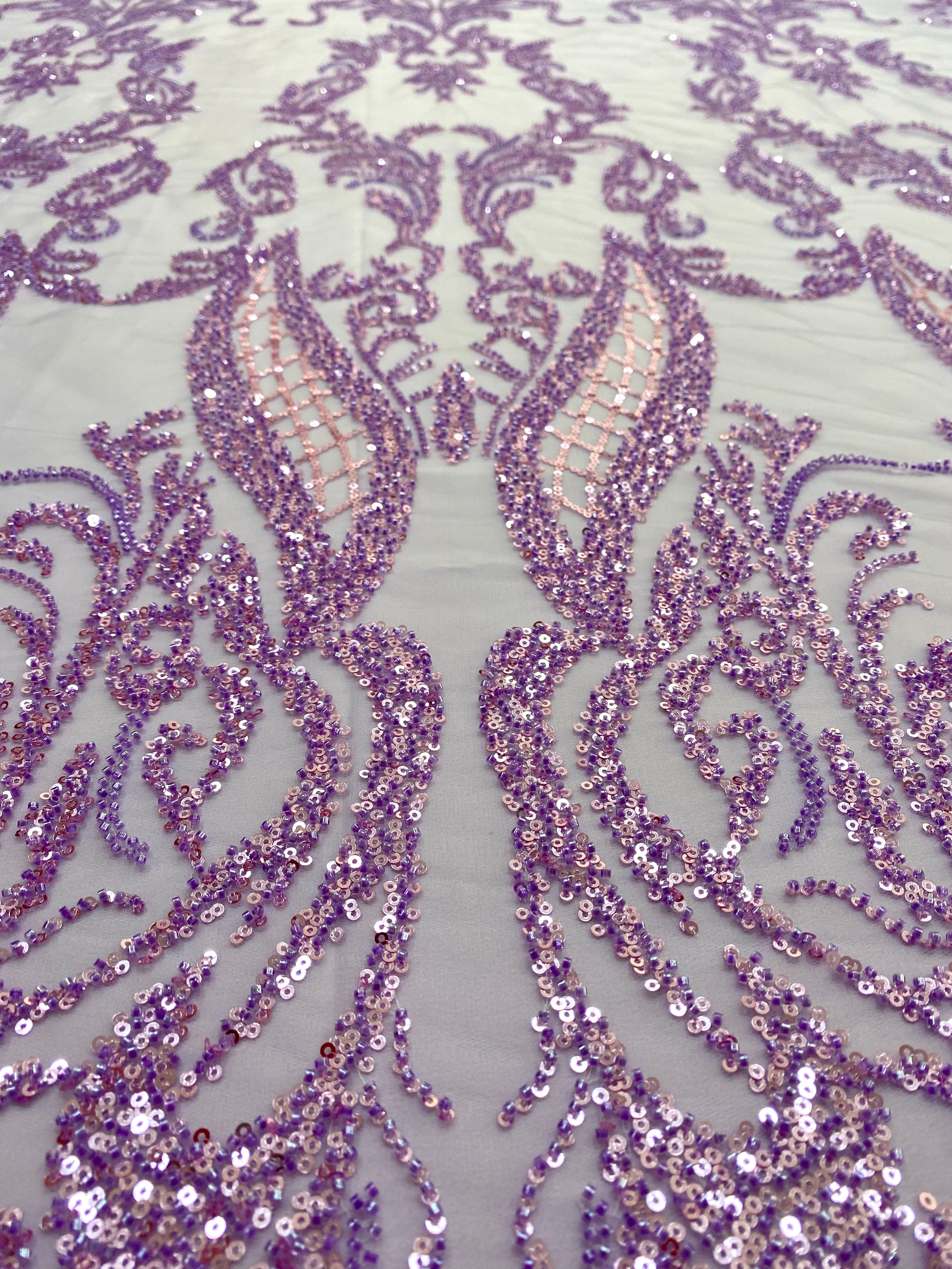Lavender Couture Lace with Geometric Pattern, Beads and Sequins
