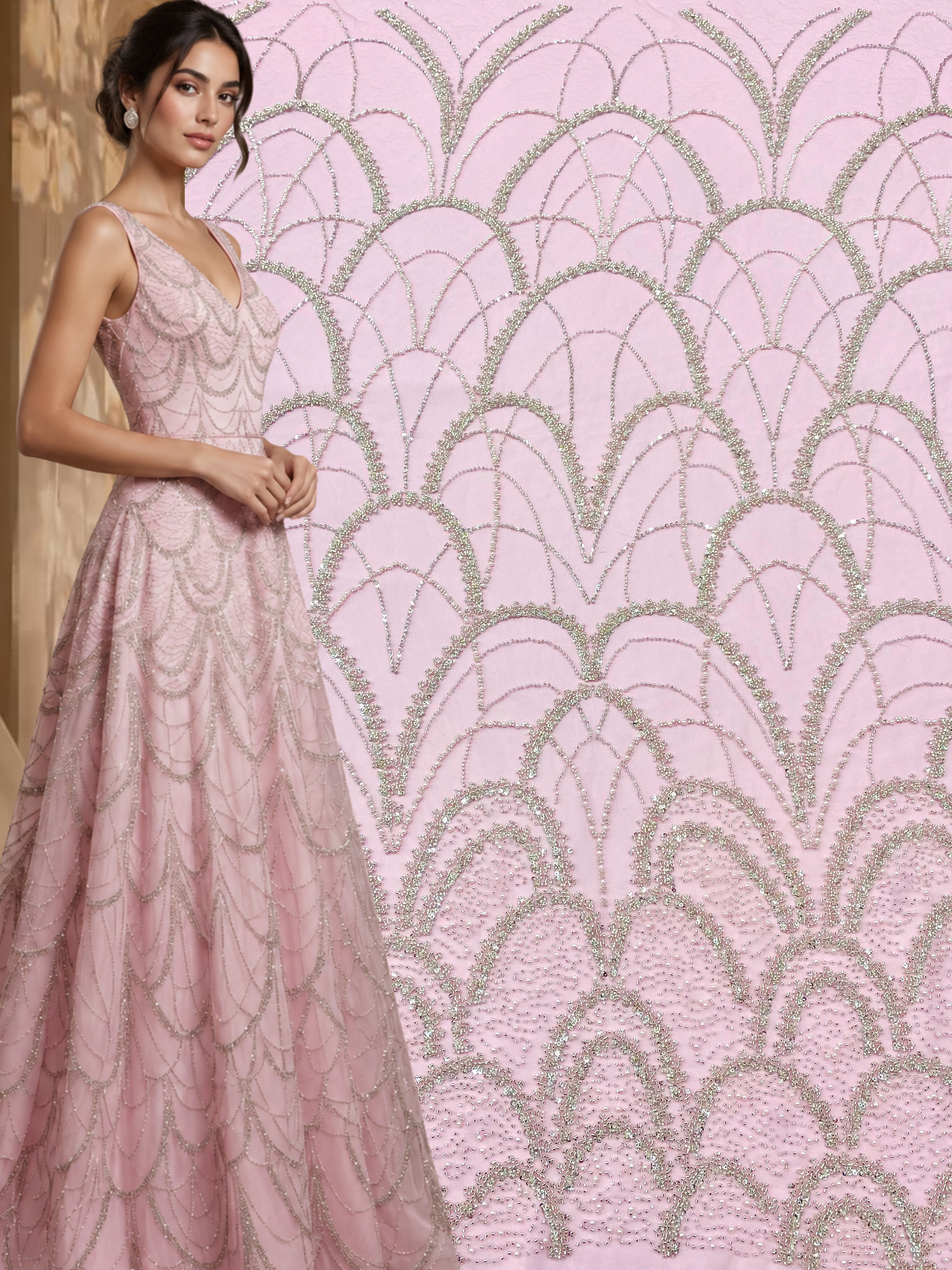 Dantela Couture Argintie pe Tulle Roz cu Model Geometric, cu Perle, Margele si Paiete