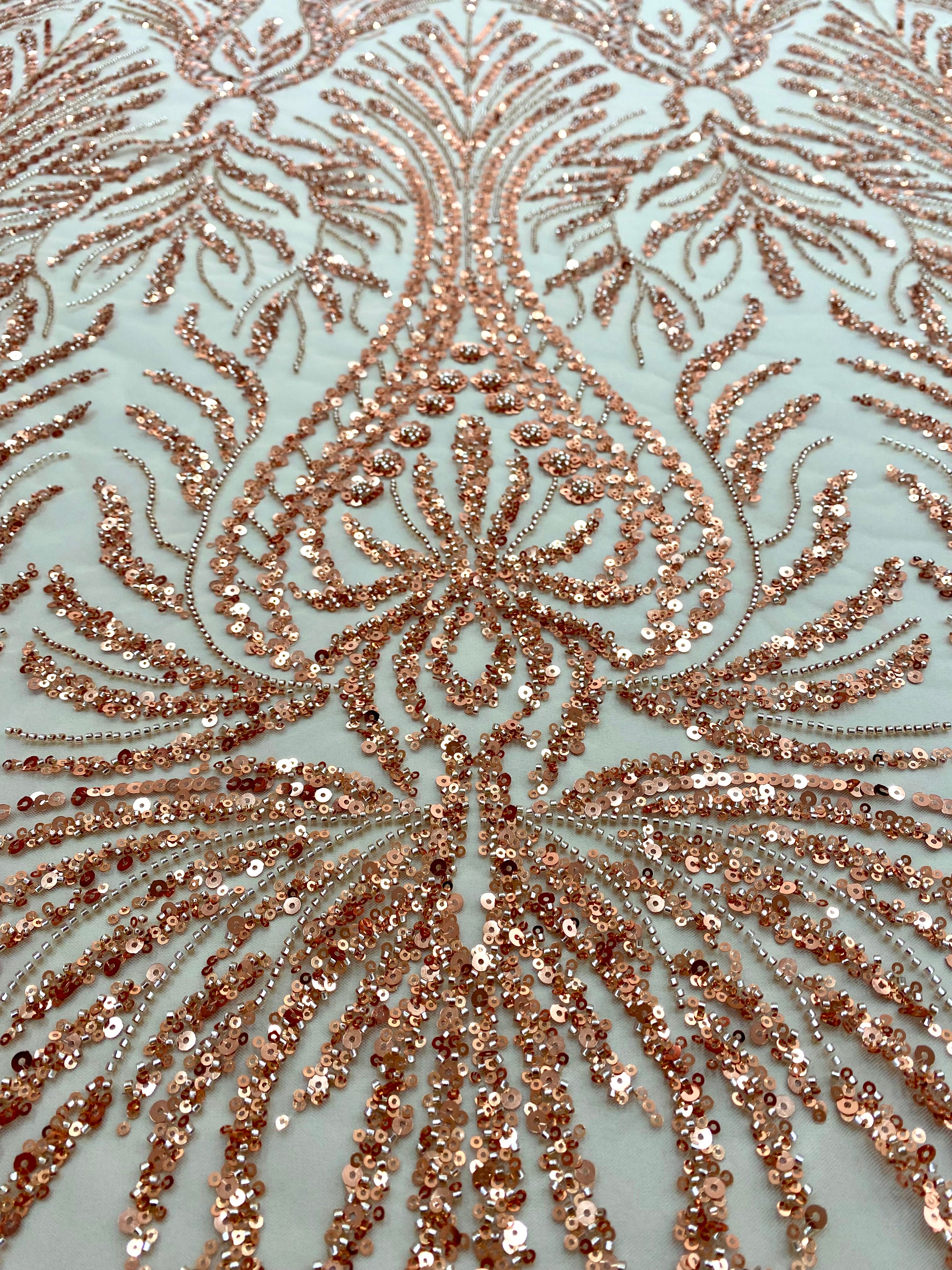 Dantela Couture Auriu Rose cu Model Geometric, cu Margele si Paiete
