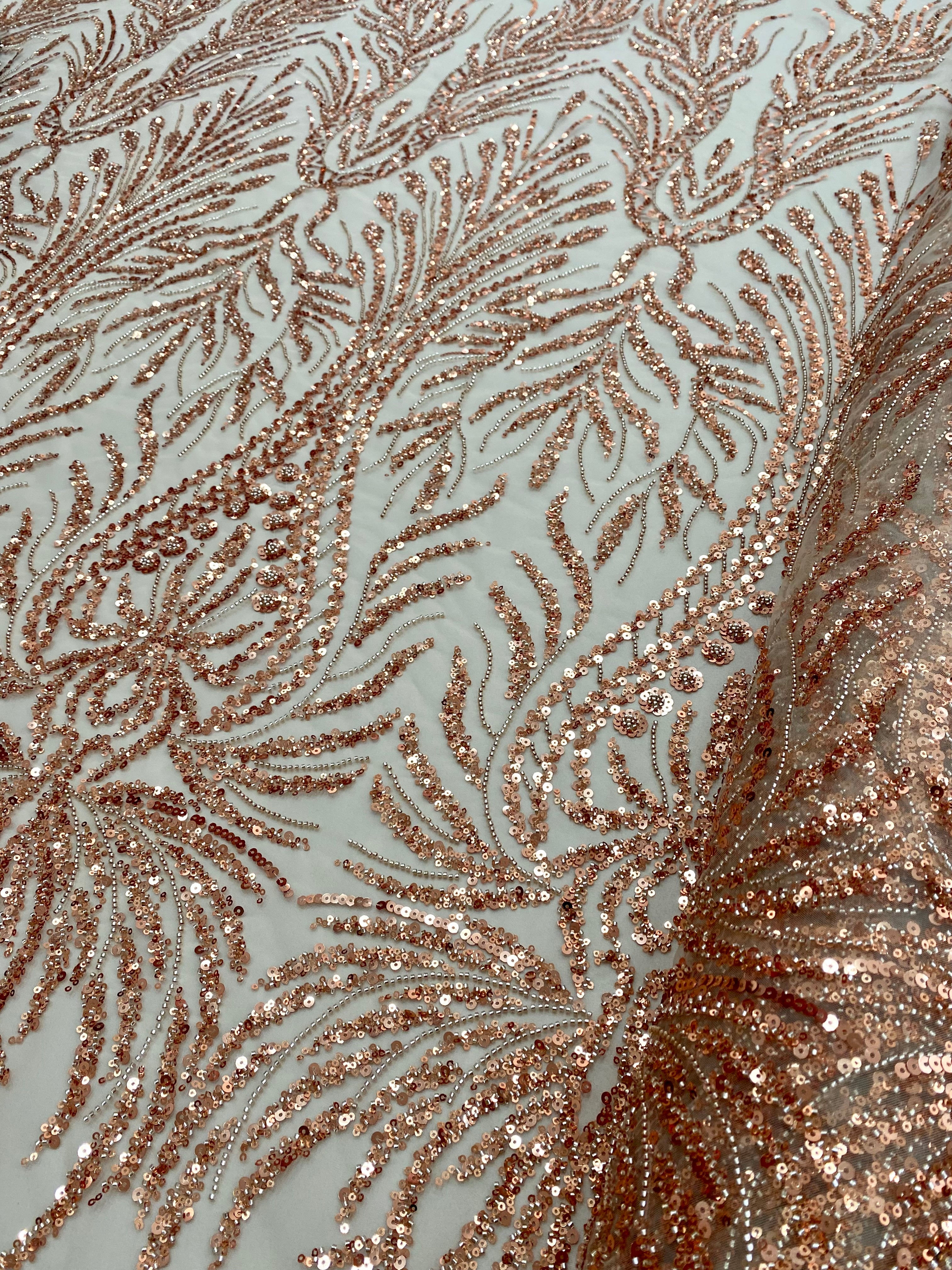 Dantela Couture Auriu Rose cu Model Geometric, cu Margele si Paiete