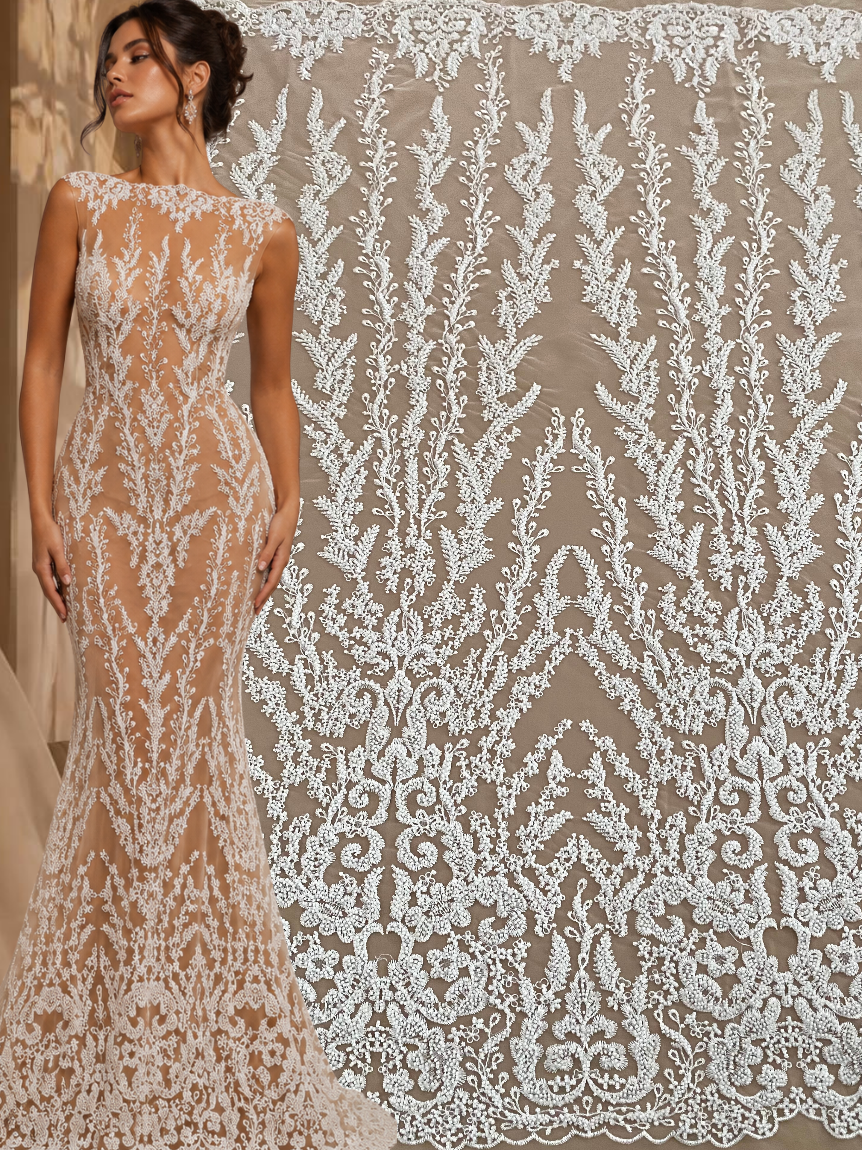 Dantela Couture Ivory geometriai mintával, gyöngyökkel és flitterekkel