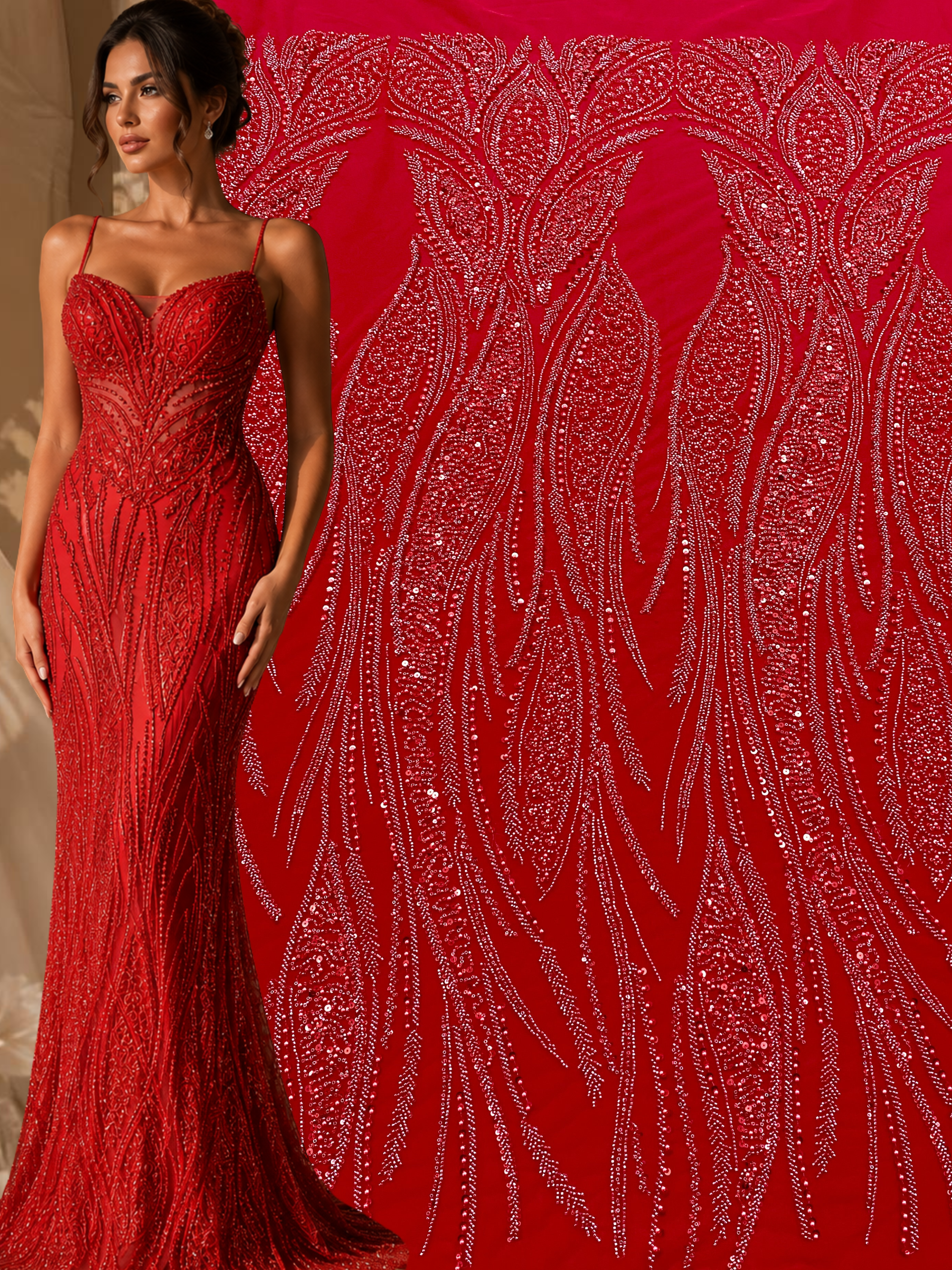 Red Couture Lace with Panel, with Pearls, Beads and Sequins