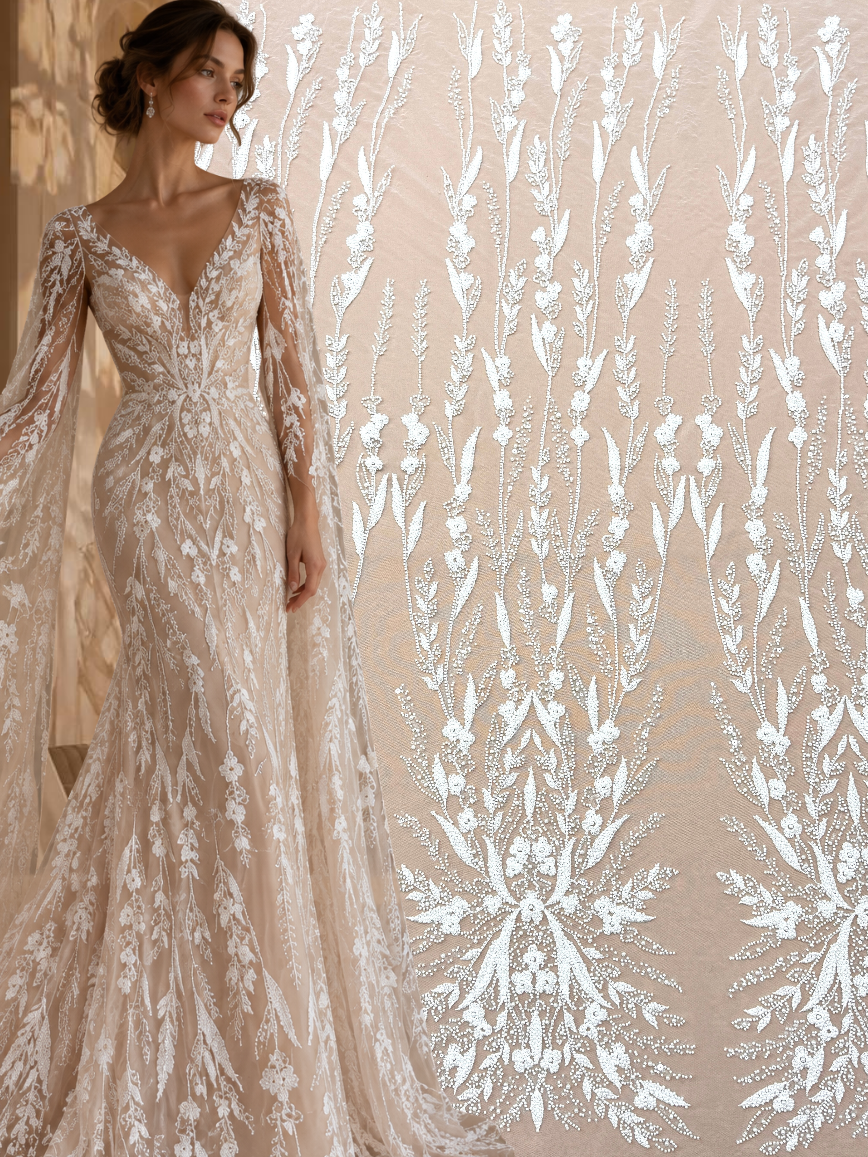 Ivory Couture Lace with Floral Pattern, Pearls, Beads and Sequins