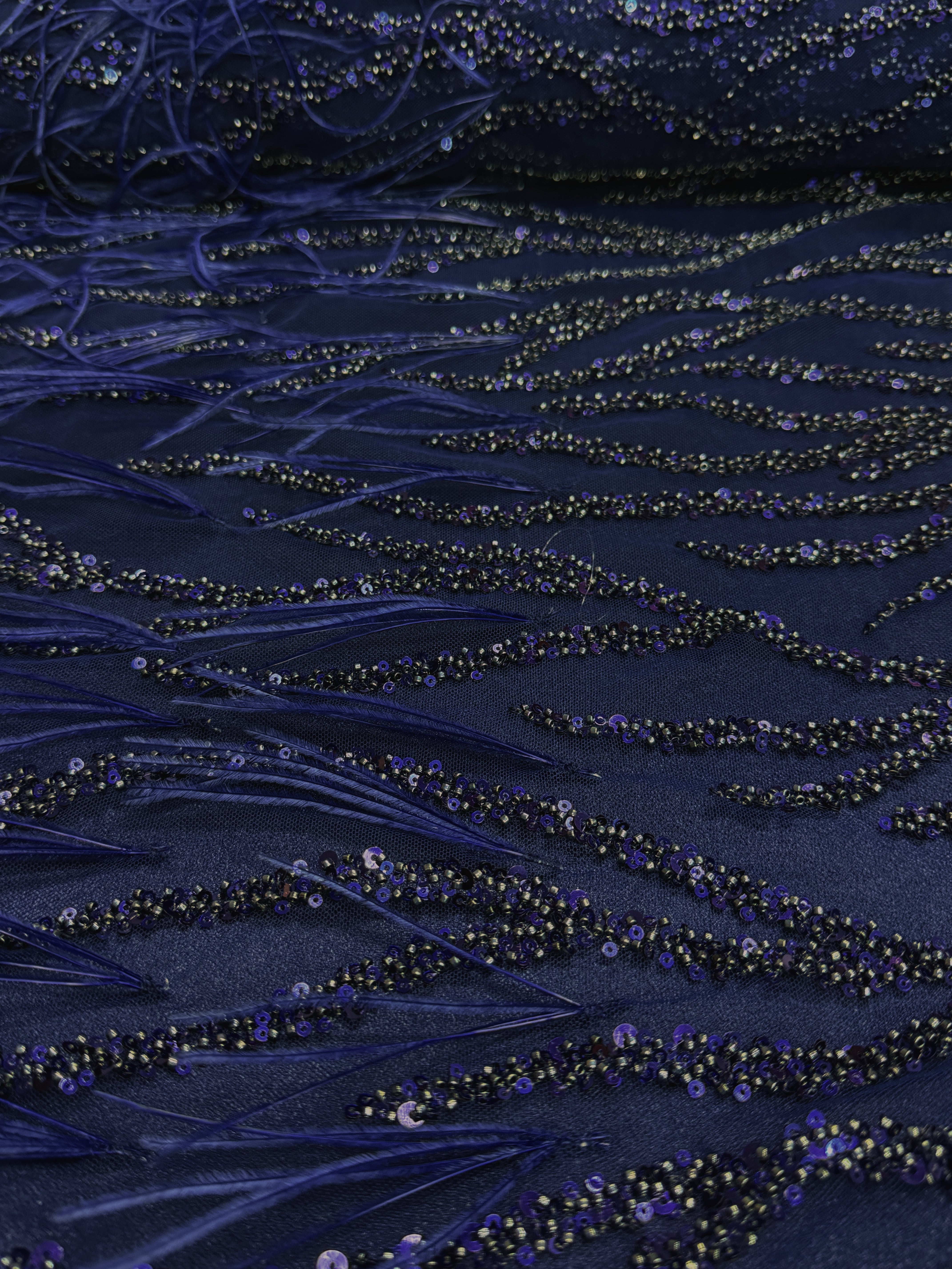 Navy Blue Couture Lace with Ostrich Feathers, Strings, Beads and Sequins
