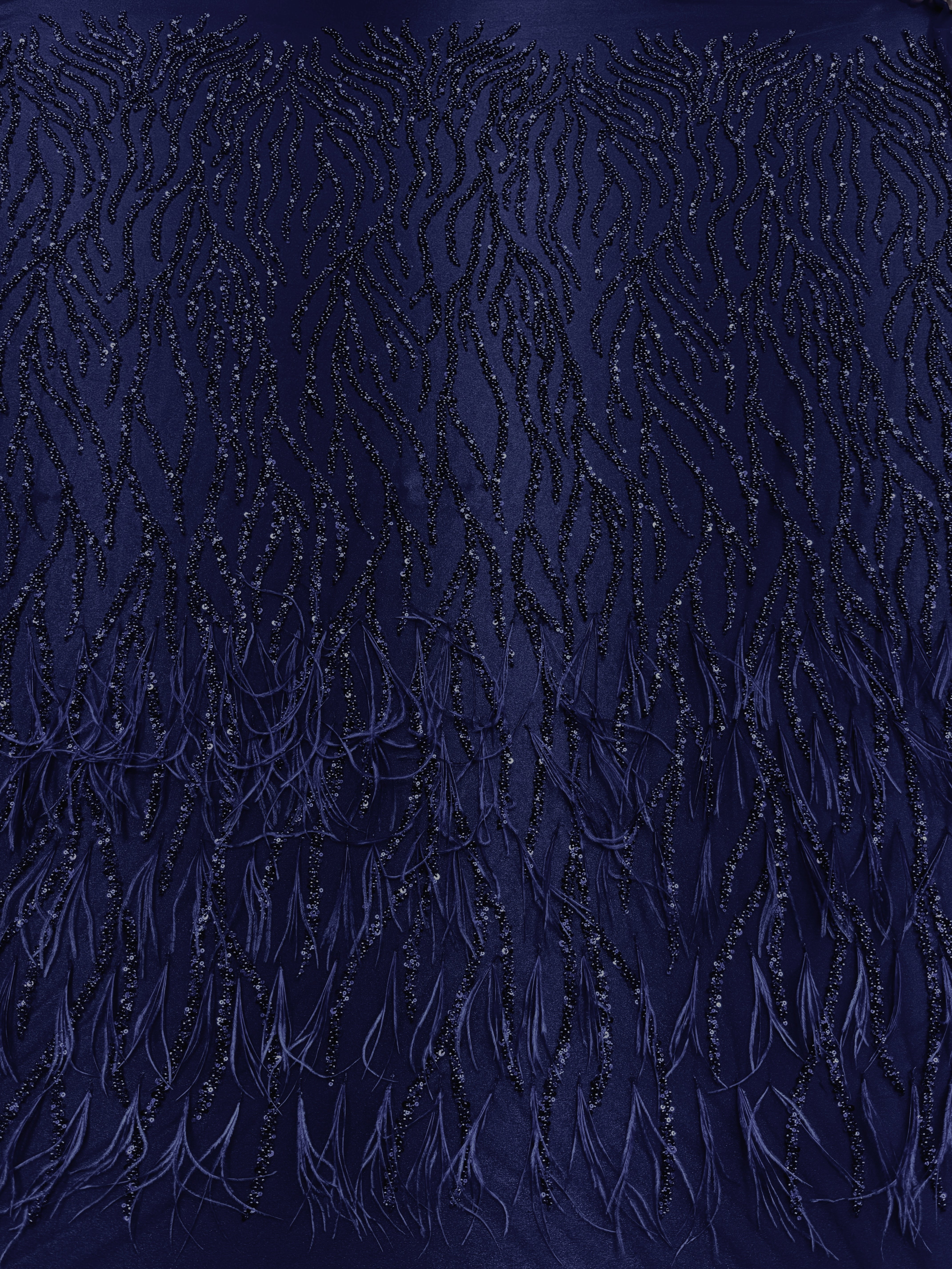 Navy Blue Couture Lace with Ostrich Feathers, Strings, Beads and Sequins